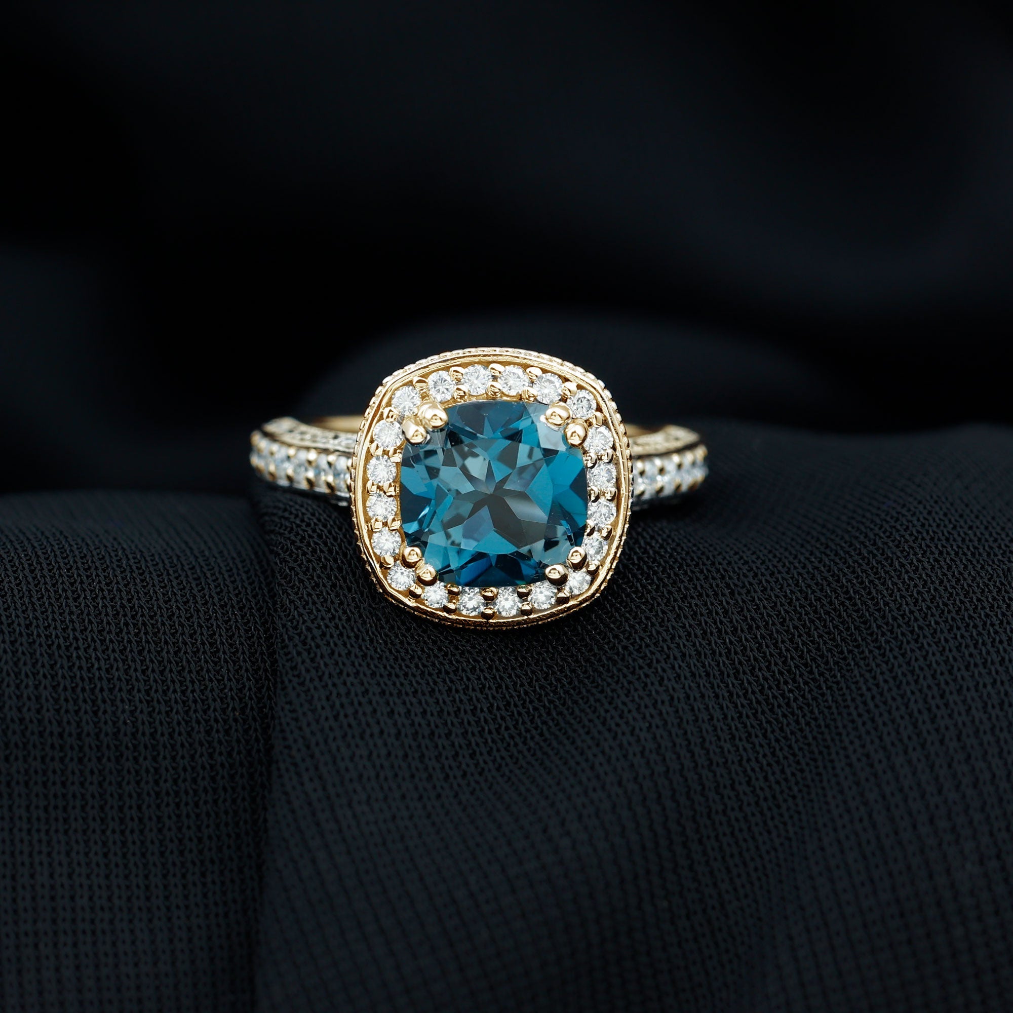 2.8 Carat Cushion Cut London Blue Topaz Vintage Inspired Ring with Diamond Halo