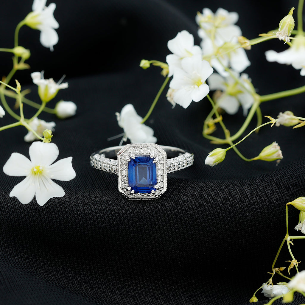 Certified 1.7 Carat Lab Grown Blue Sapphire Emerald Cut Engagement Ring with Diamond Halo