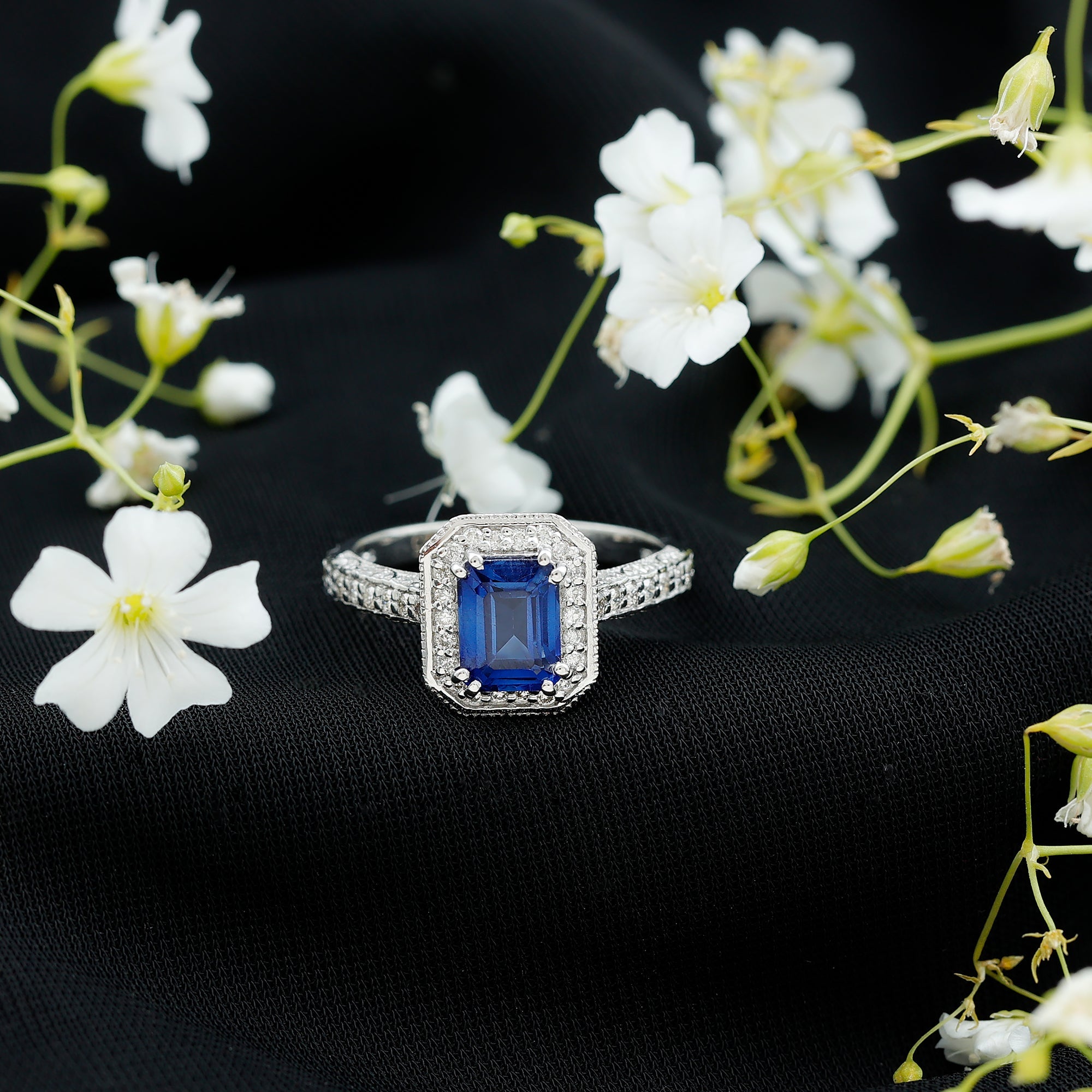 Certified 1.7 Carat Lab Grown Blue Sapphire Emerald Cut Engagement Ring with Diamond Halo