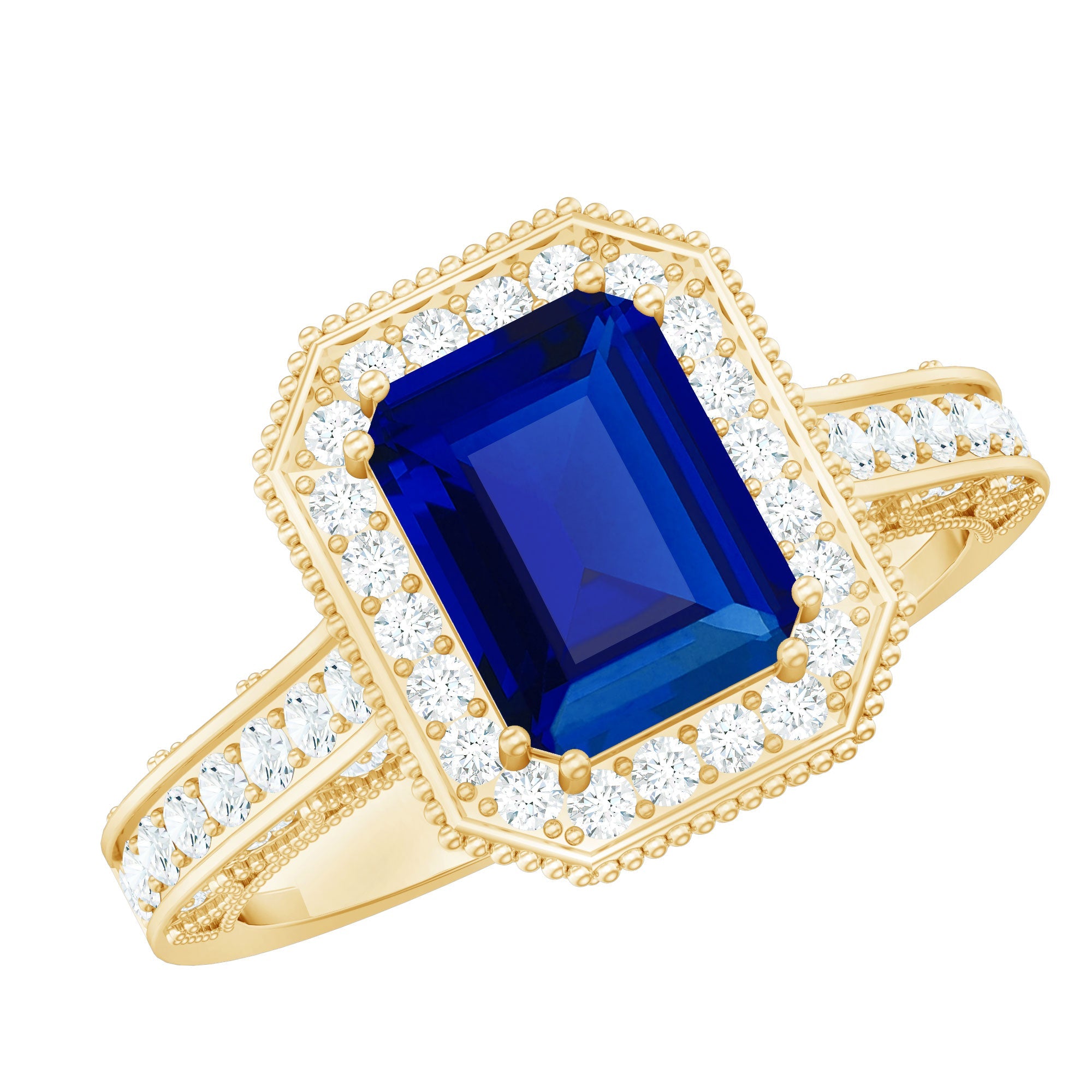 Certified 1.7 Carat Lab Grown Blue Sapphire Emerald Cut Engagement Ring with Diamond Halo