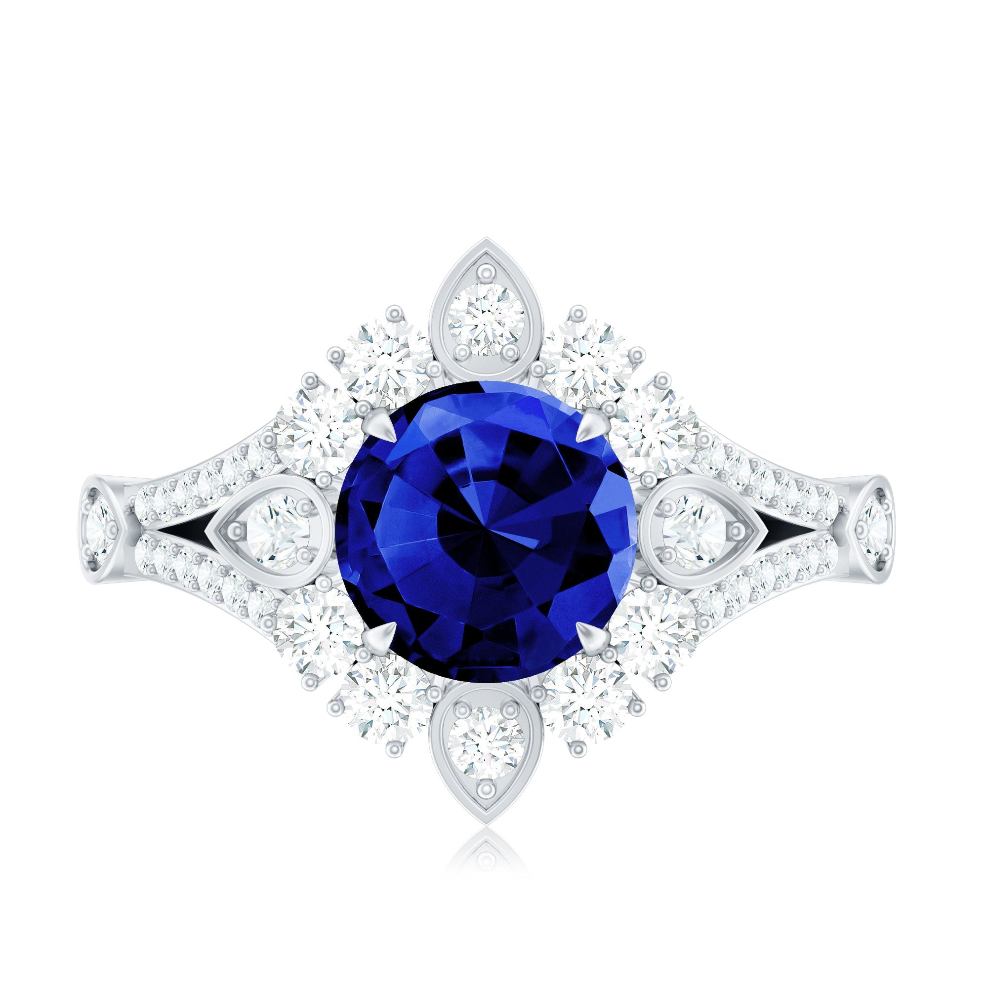 Certified 2.7 Carat Lab Grown Blue Sapphire Flower Engagement Ring with Diamond