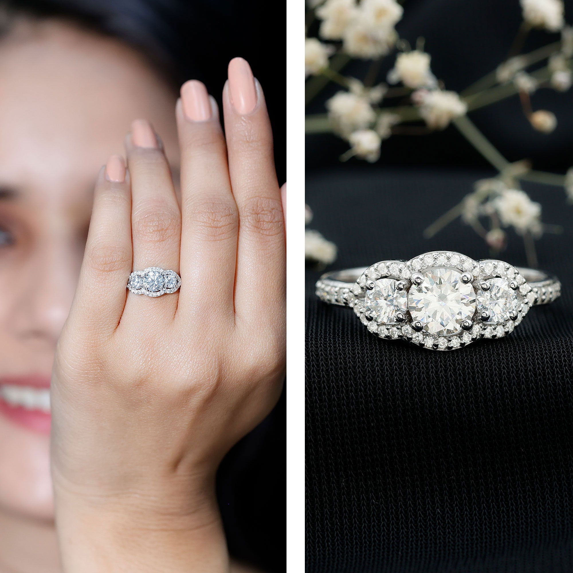 Certified Moissanite Three Stone Statement Engagement Ring