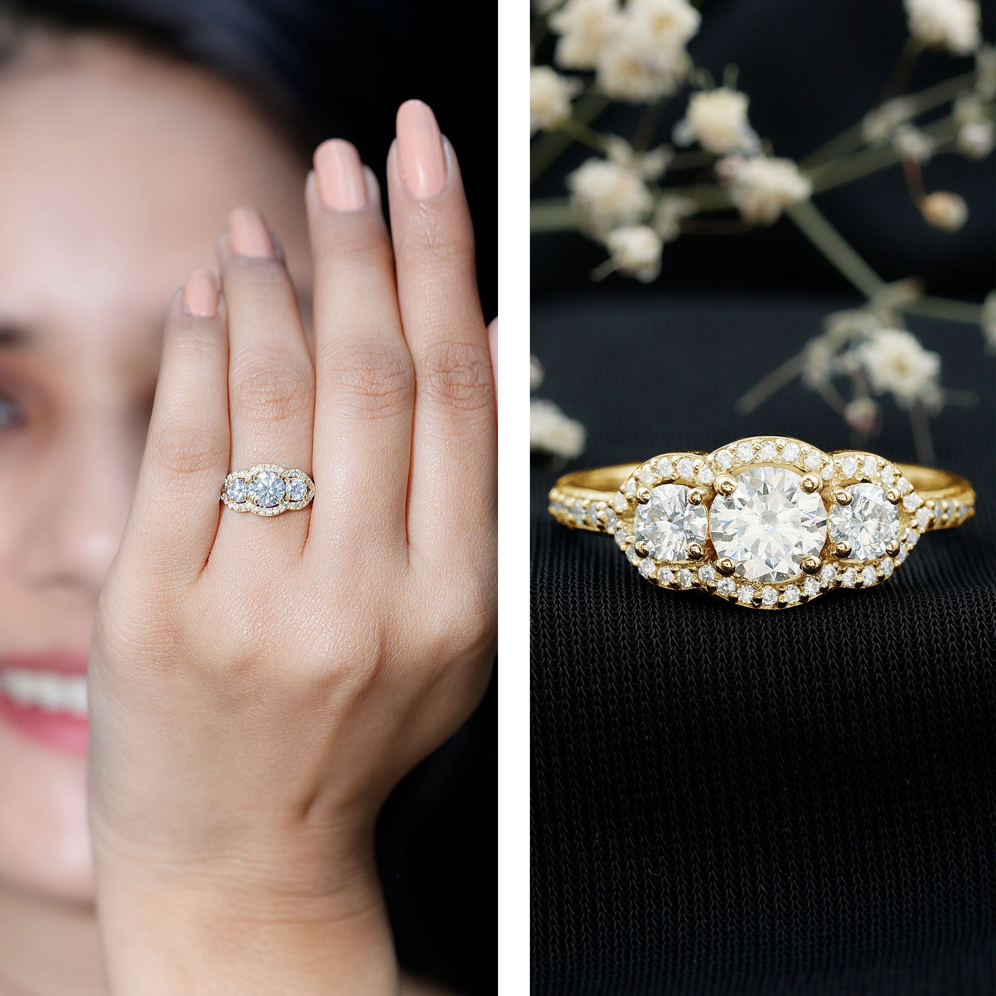Certified Moissanite Three Stone Statement Engagement Ring