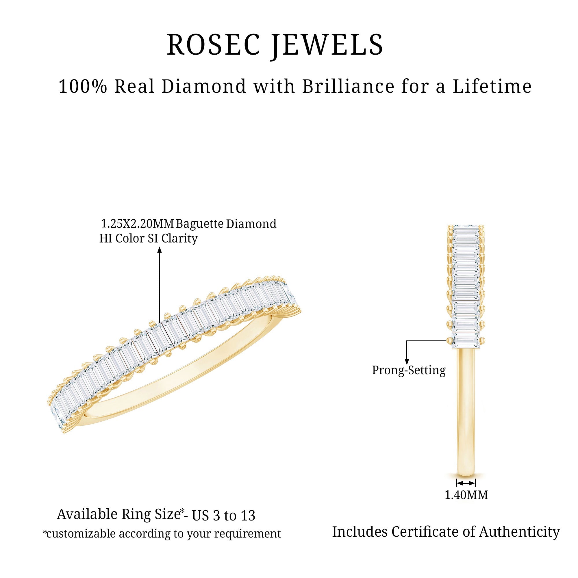 Natural Baguette Diamond Half Eternity Ring for Anniversary