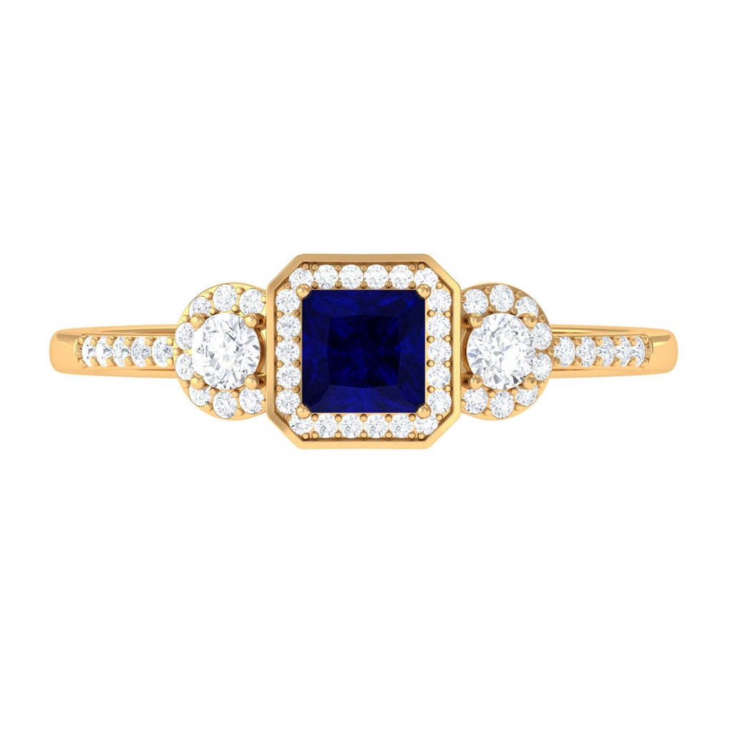 Real Blue Sapphire Princess Cut Blue Sapphire Engagement Ring with Diamond