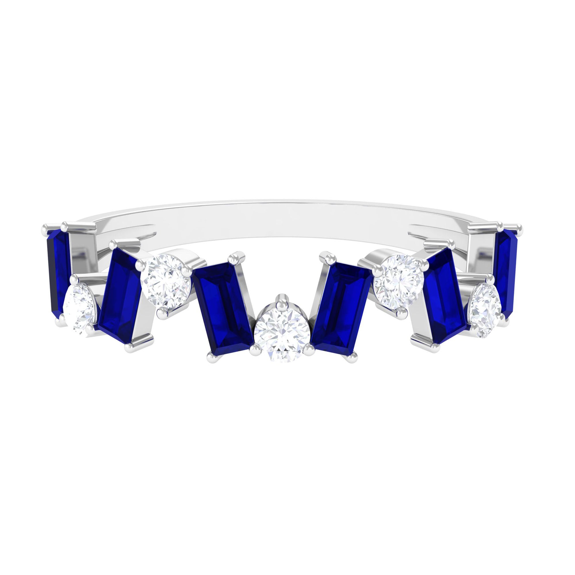 Genuine Baguette Blue Sapphire Half Eternity Ring with Diamond