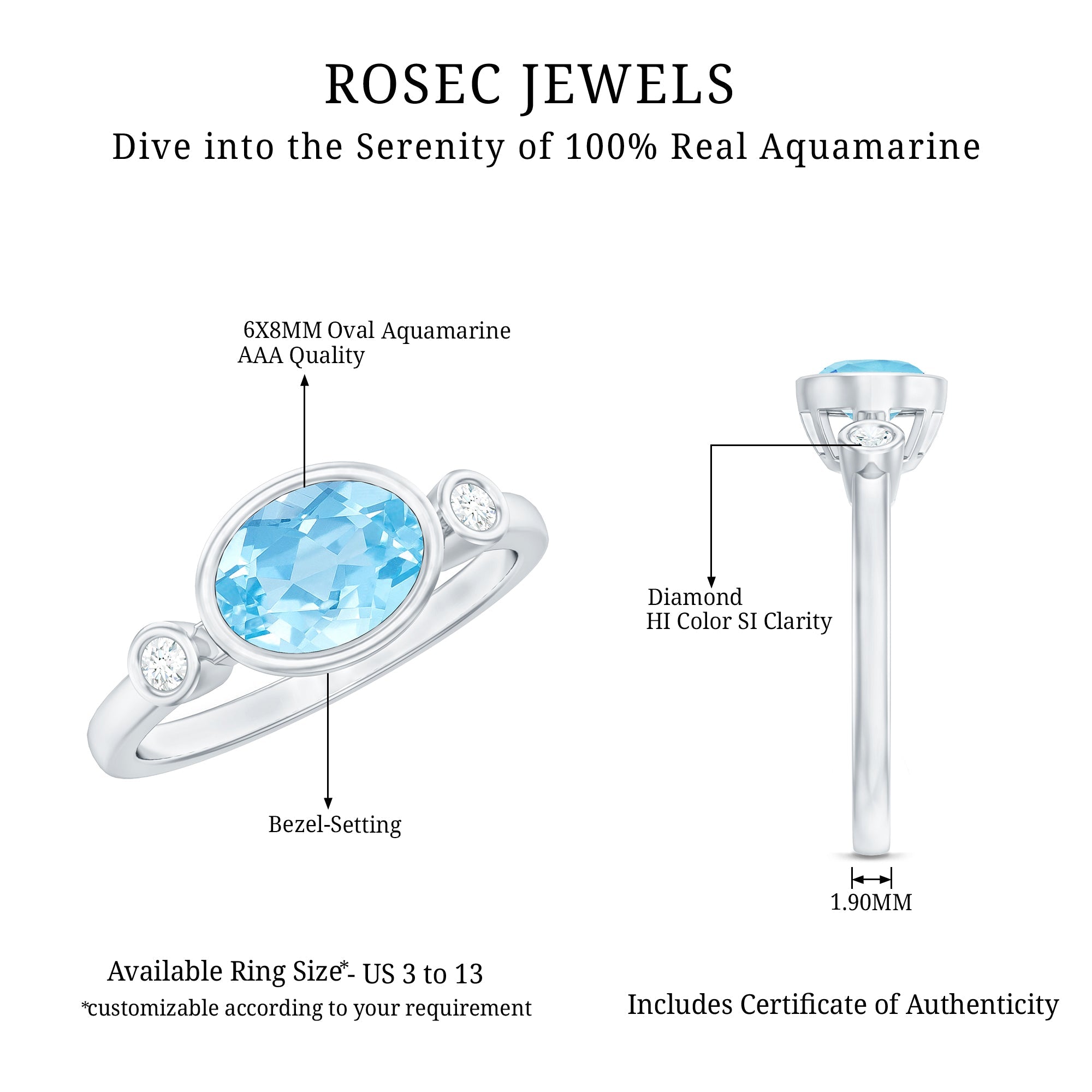 Bezel Set Aquamarine and Diamond East West Engagement Ring