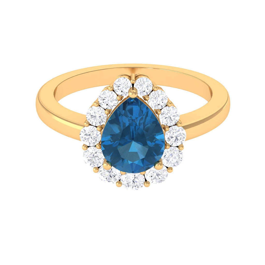 1.7 Carat Pear Shape London Blue Topaz Halo Engagement Ring with Diamond
