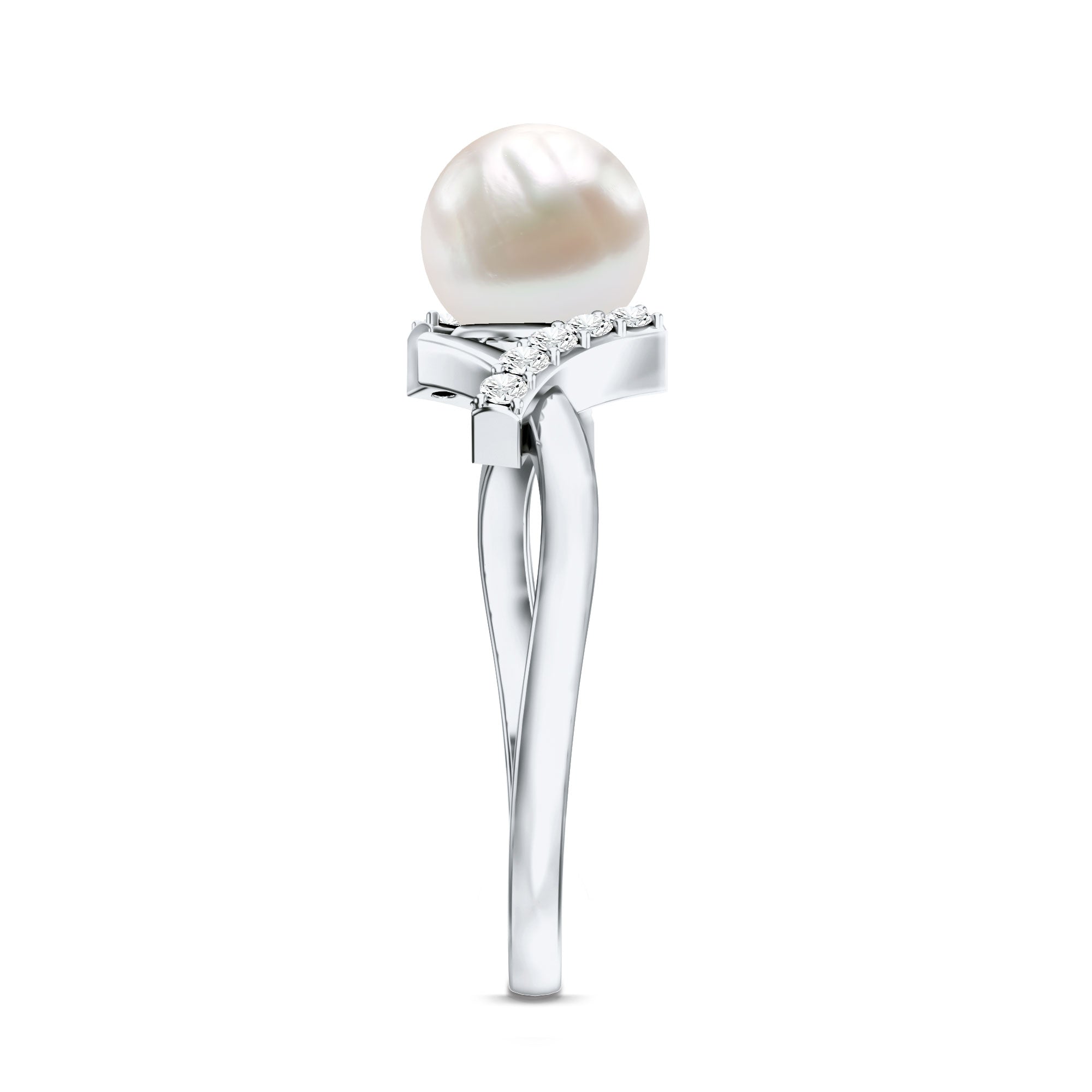 Freshwater Pearl Solitaire Crossover Engagement Ring with Diamond