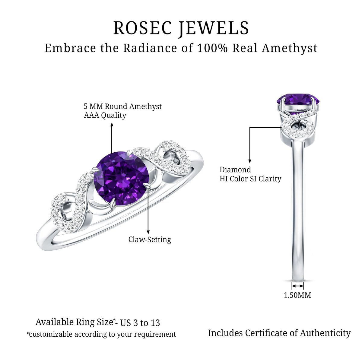 Natural Amethyst Engagement Ring with Diamond Infinity Knot
