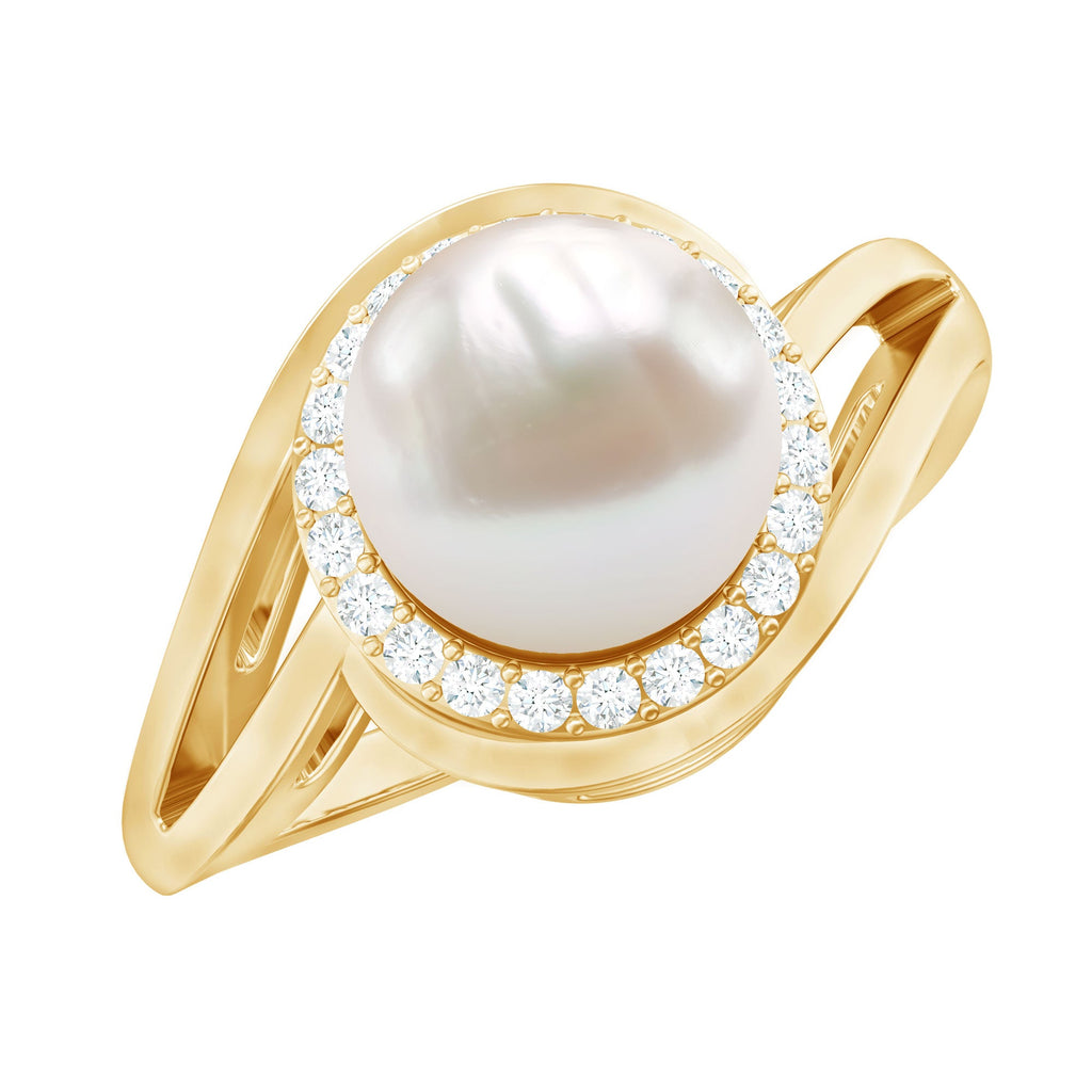 Cultured White 7.4 Carat Freshwater Pearl Diamond Engagement Ring with Bypass Shank