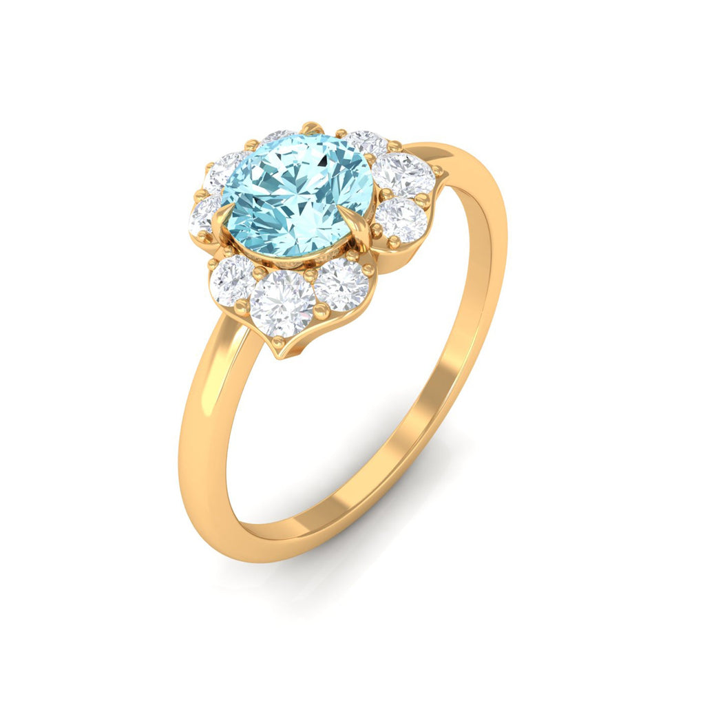 Real Round Aquamarine and Diamond Flower Engagement Ring with Certificate