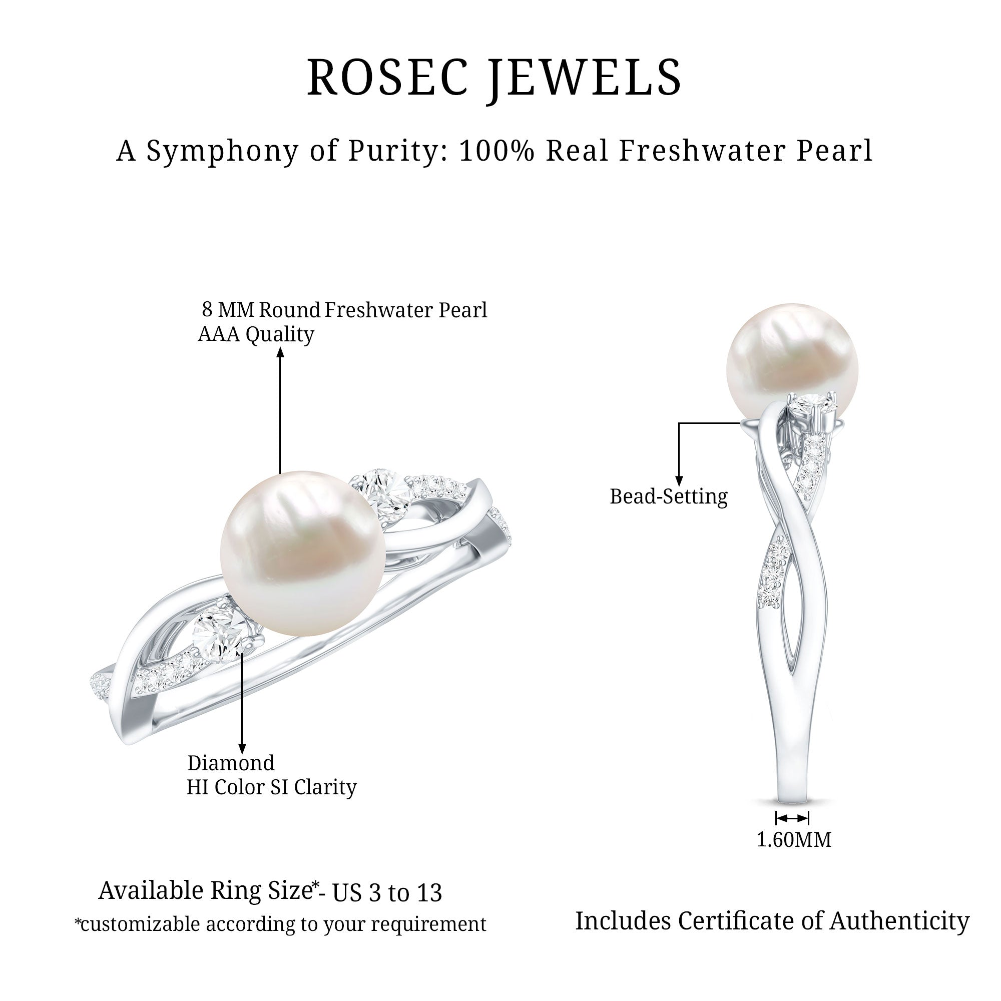 Genuine 7.4 Carat Freshwater Pearl Engagement Ring with Diamond Crossover Shank