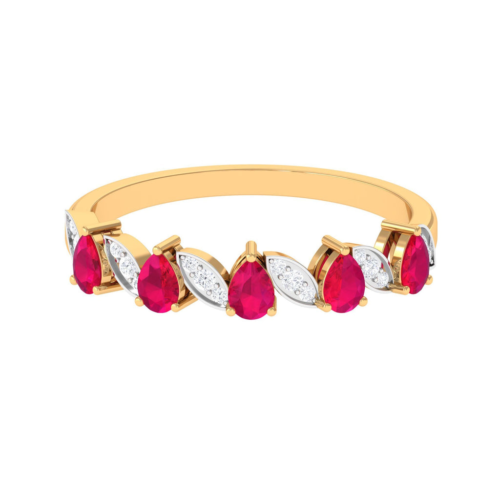 Real Pear Shape Ruby Half Eternity Ring with Diamond for Women