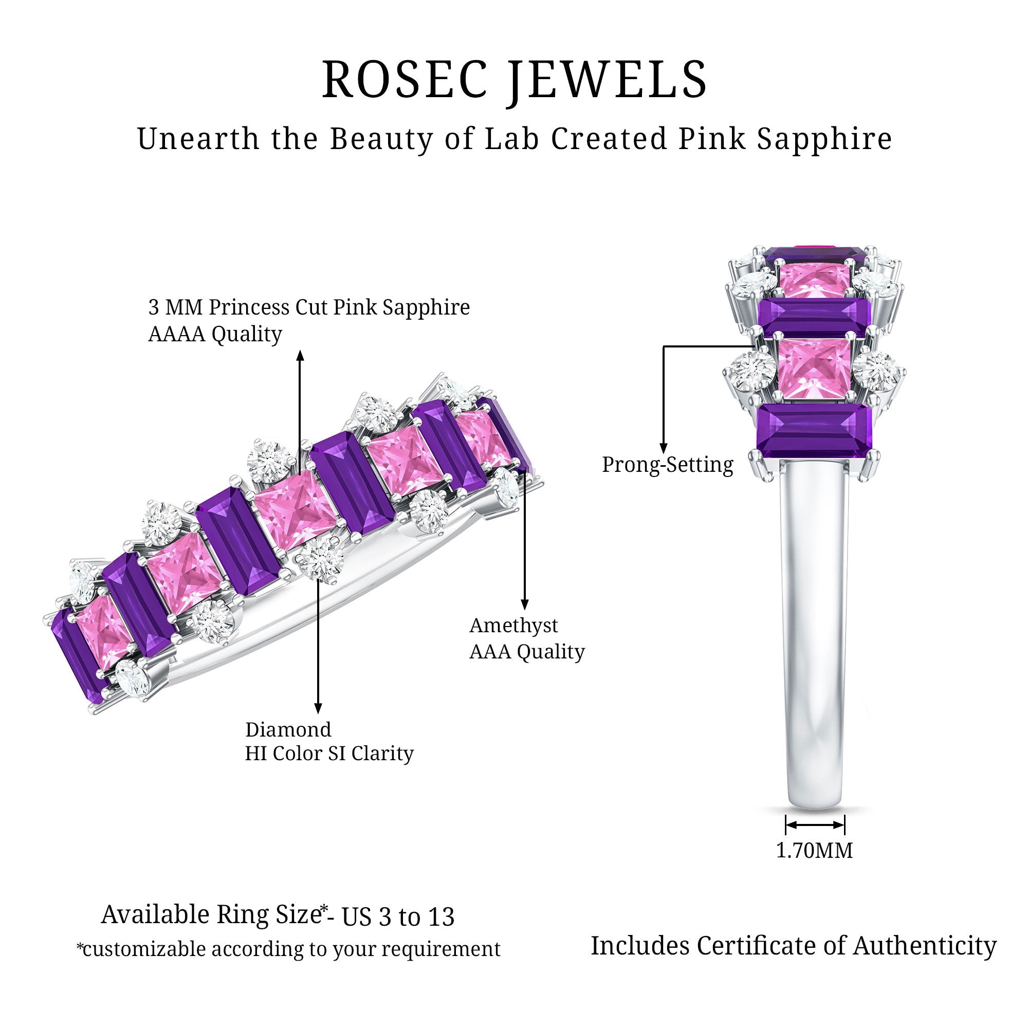 Lab Created Pink Sapphire and Amethyst Half Eternity Band with Diamond