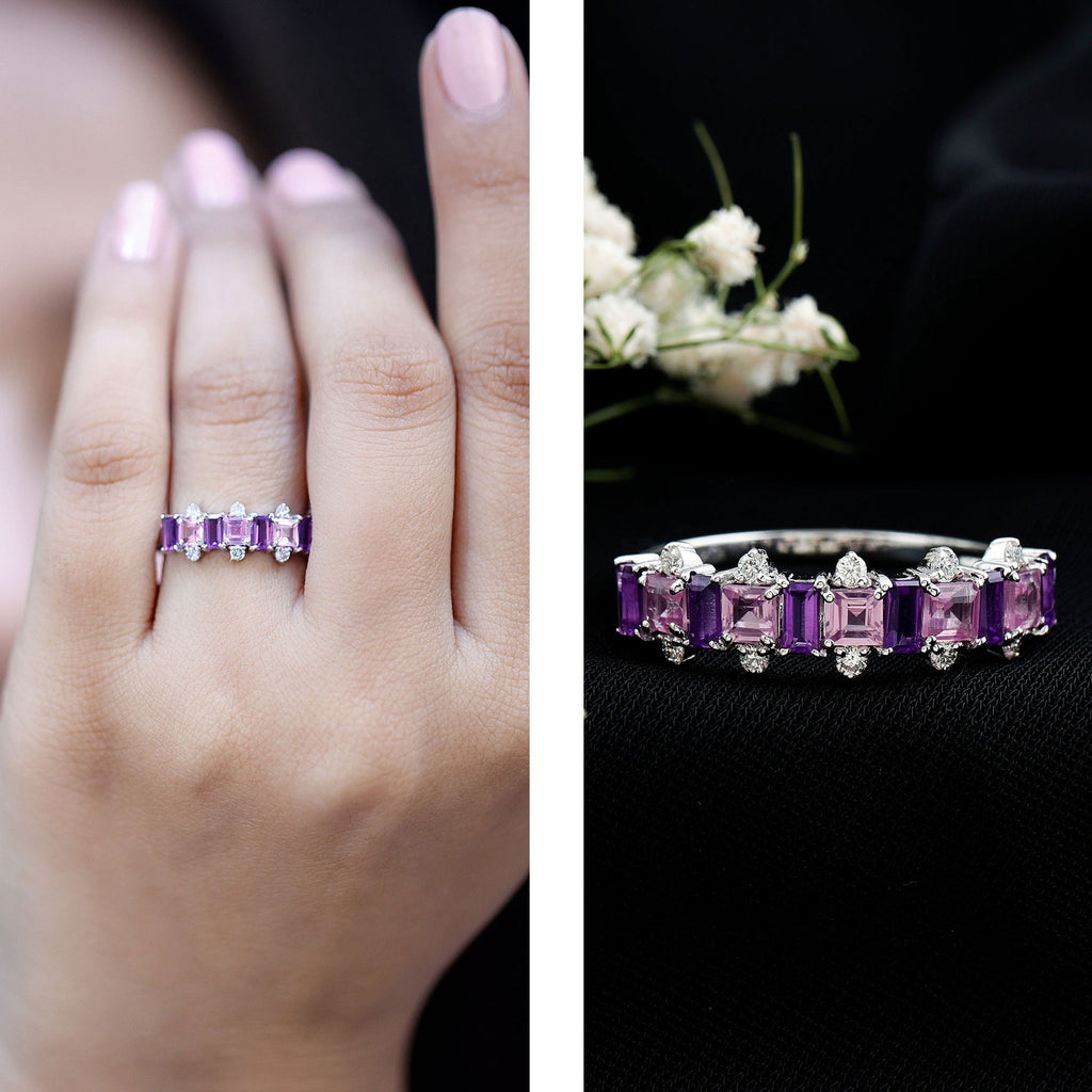 Lab Created Pink Sapphire and Amethyst Half Eternity Band with Diamond