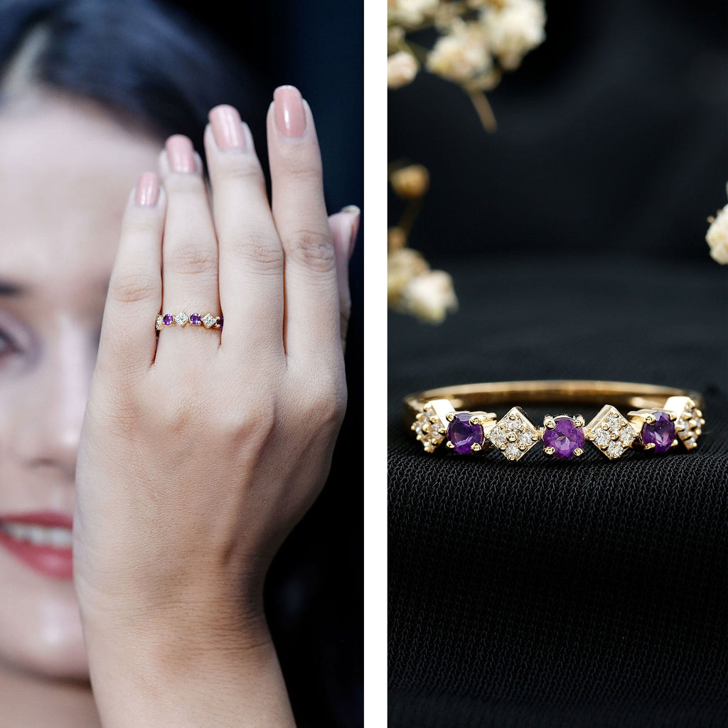Real Amethyst Half Eternity Ring with Diamond for Women