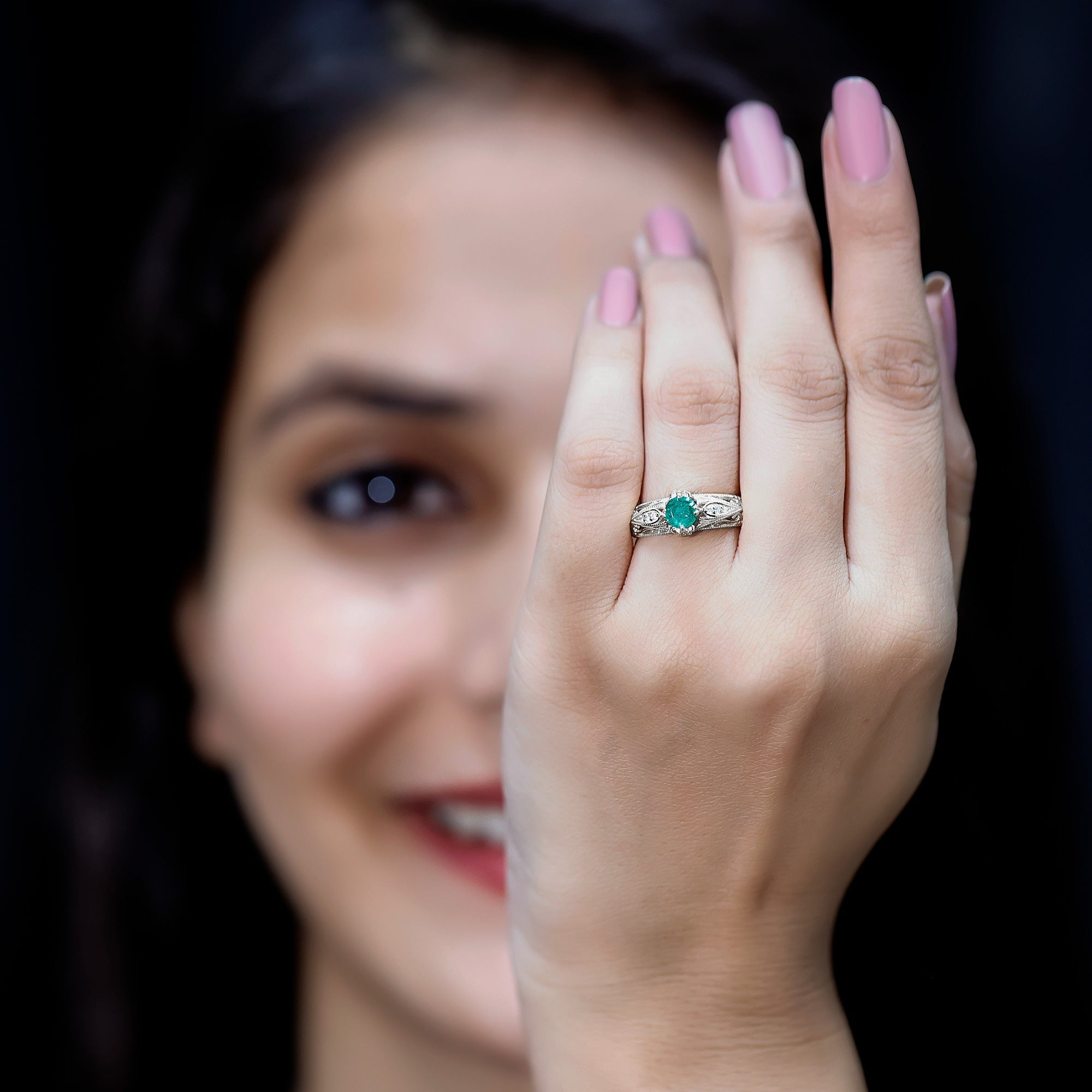 Natural Emerald Diamond Antique Looking Engagement Ring