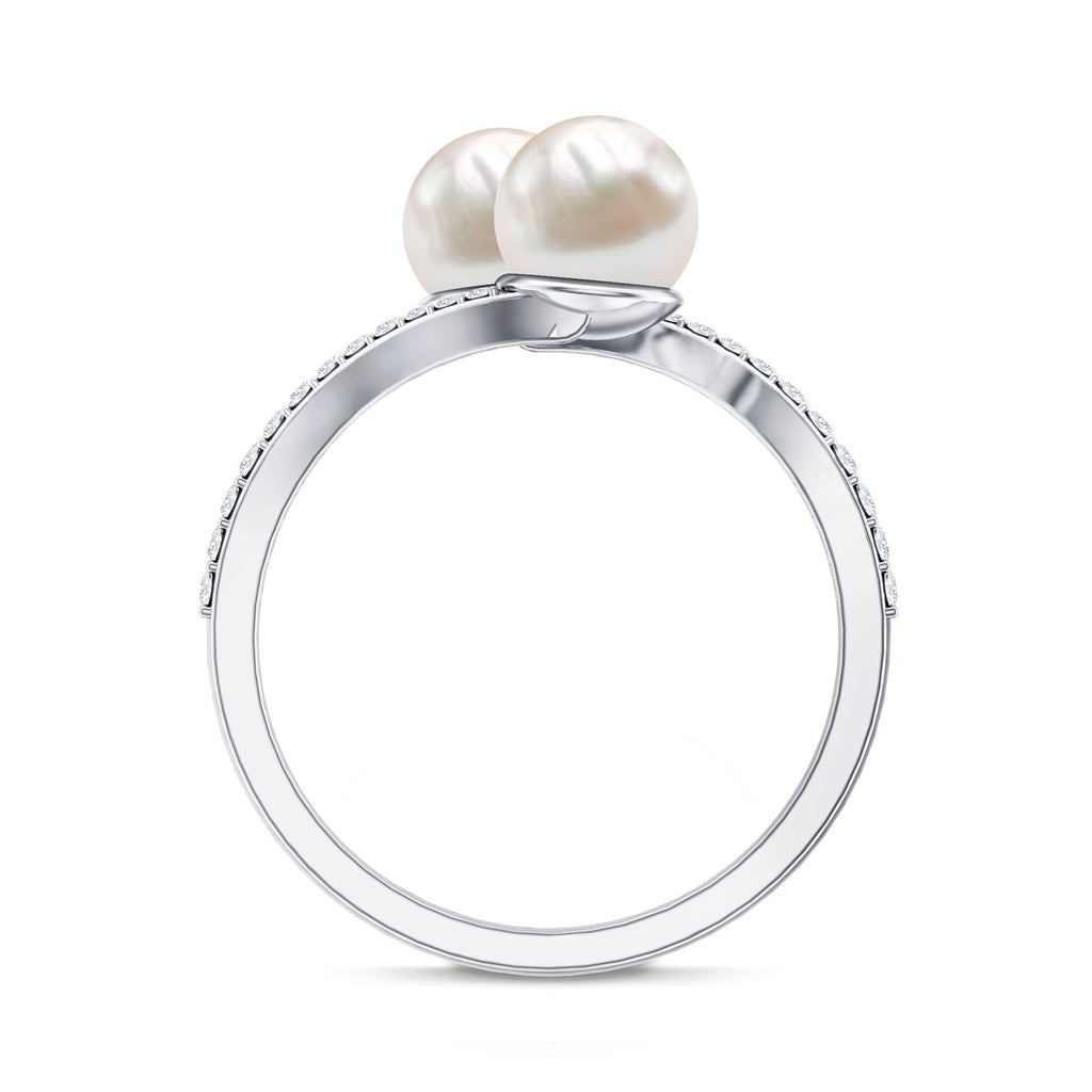 Natural Freshwater Pearl 2 Stone Engagement Ring with Diamond