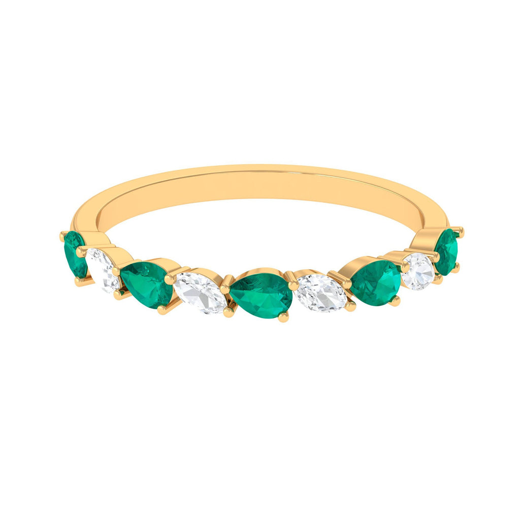 Natural Pear Shape Emerald Half Eternity Ring in East West Style
