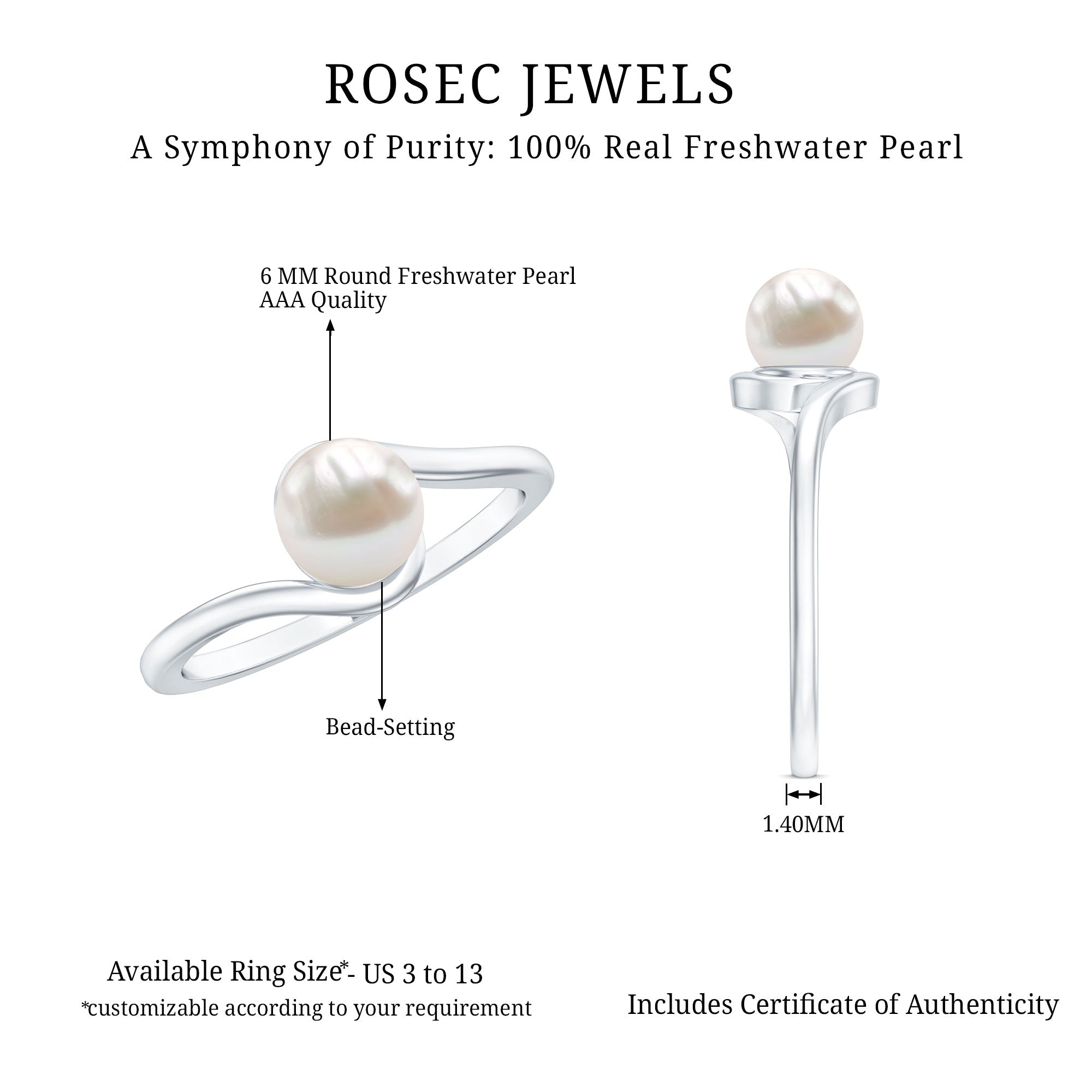 2 Carat Solitaire Freshwater White Pearl Bypass Engagement Ring for Women
