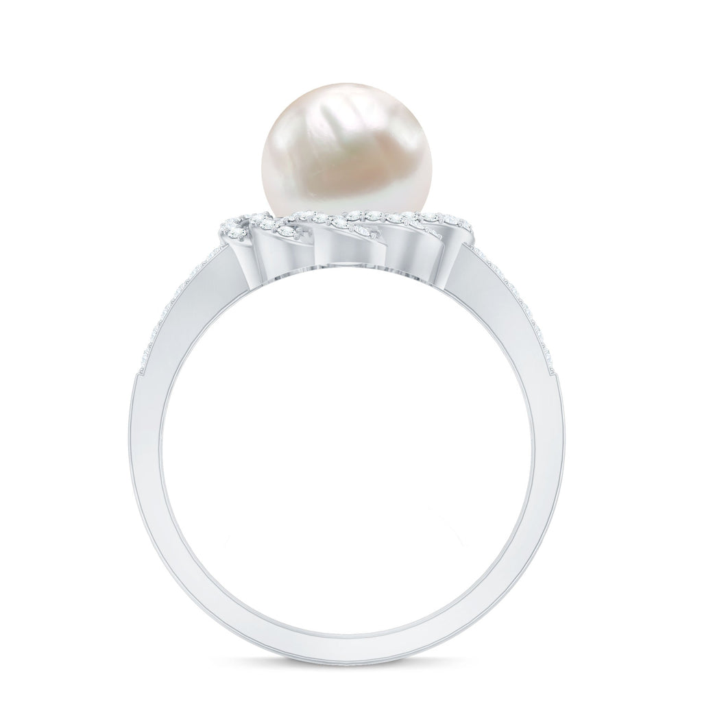 Split Shank Freshwater Pearl and Diamond Braided Statement Ring