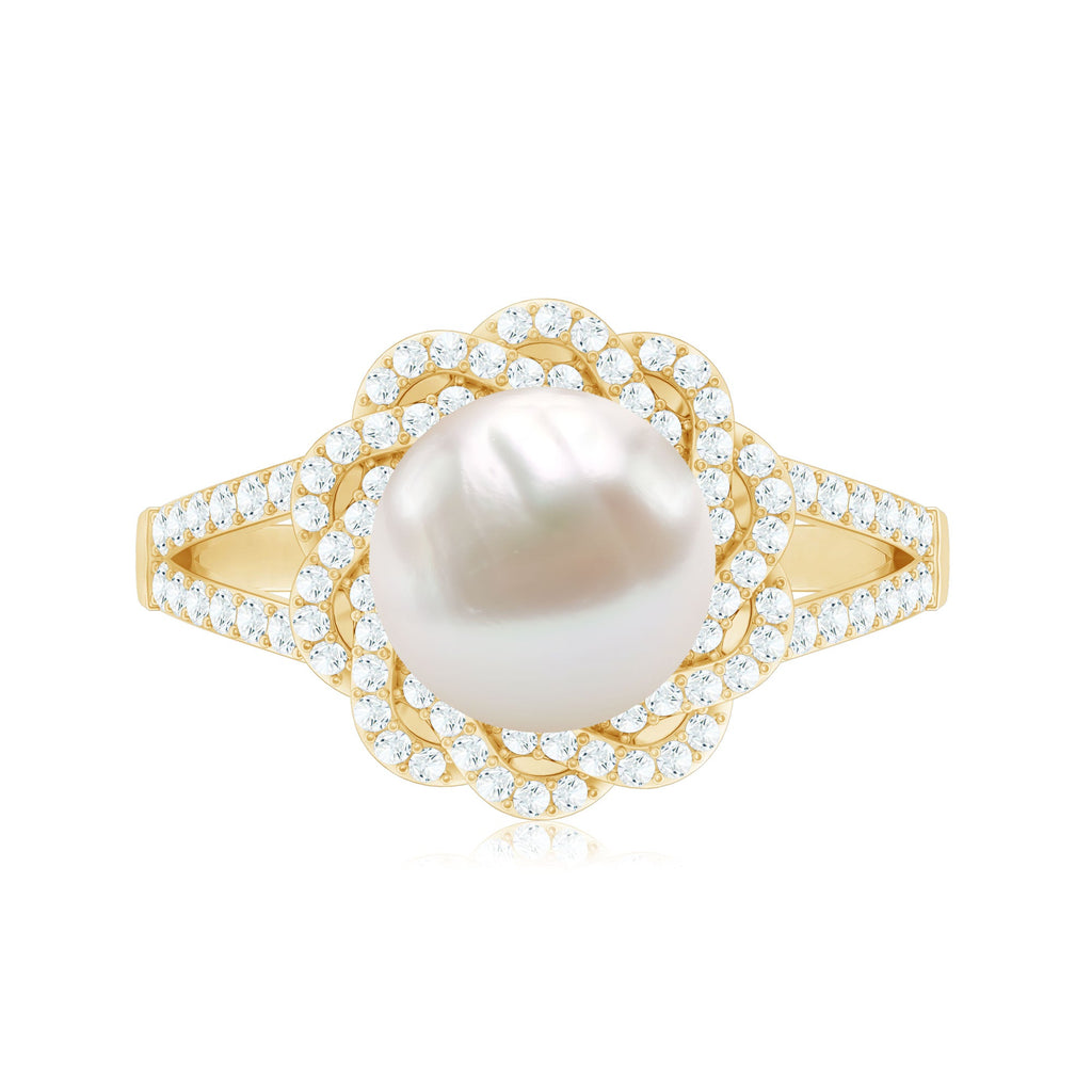 Split Shank Freshwater Pearl and Diamond Braided Statement Ring