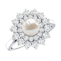 Certified Real Freshwater Pearl Flower Engagement Ring with Moissanite