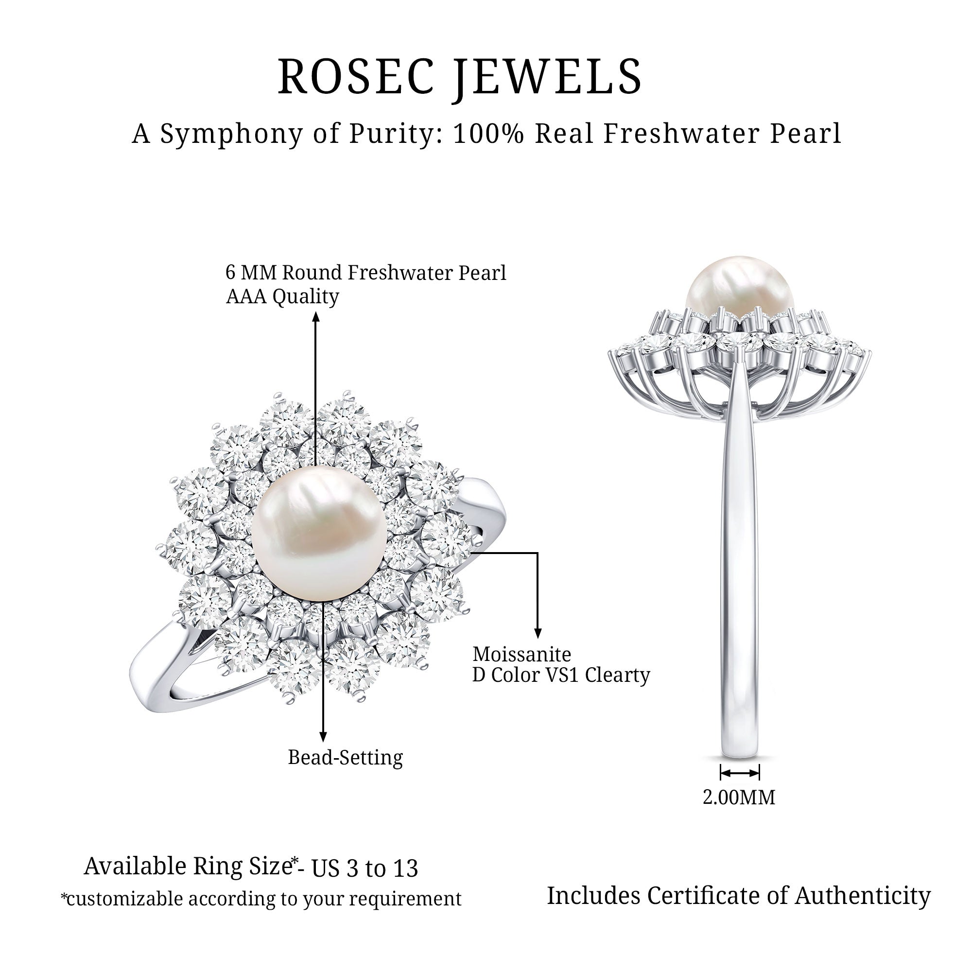 Certified Real Freshwater Pearl Flower Engagement Ring with Moissanite