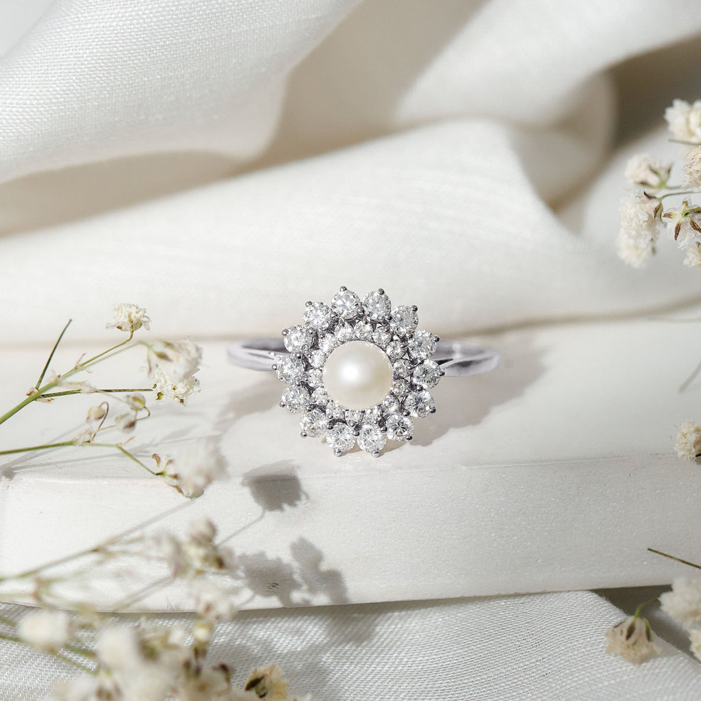 Certified Real Freshwater Pearl Flower Engagement Ring with Moissanite