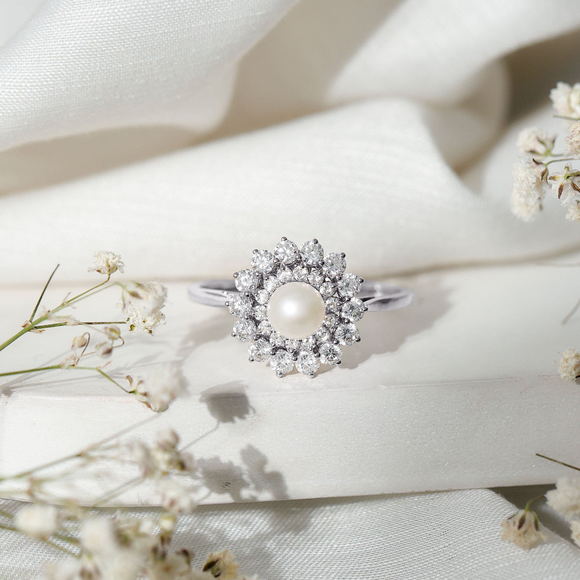 Certified Real Freshwater Pearl Flower Engagement Ring with Moissanite