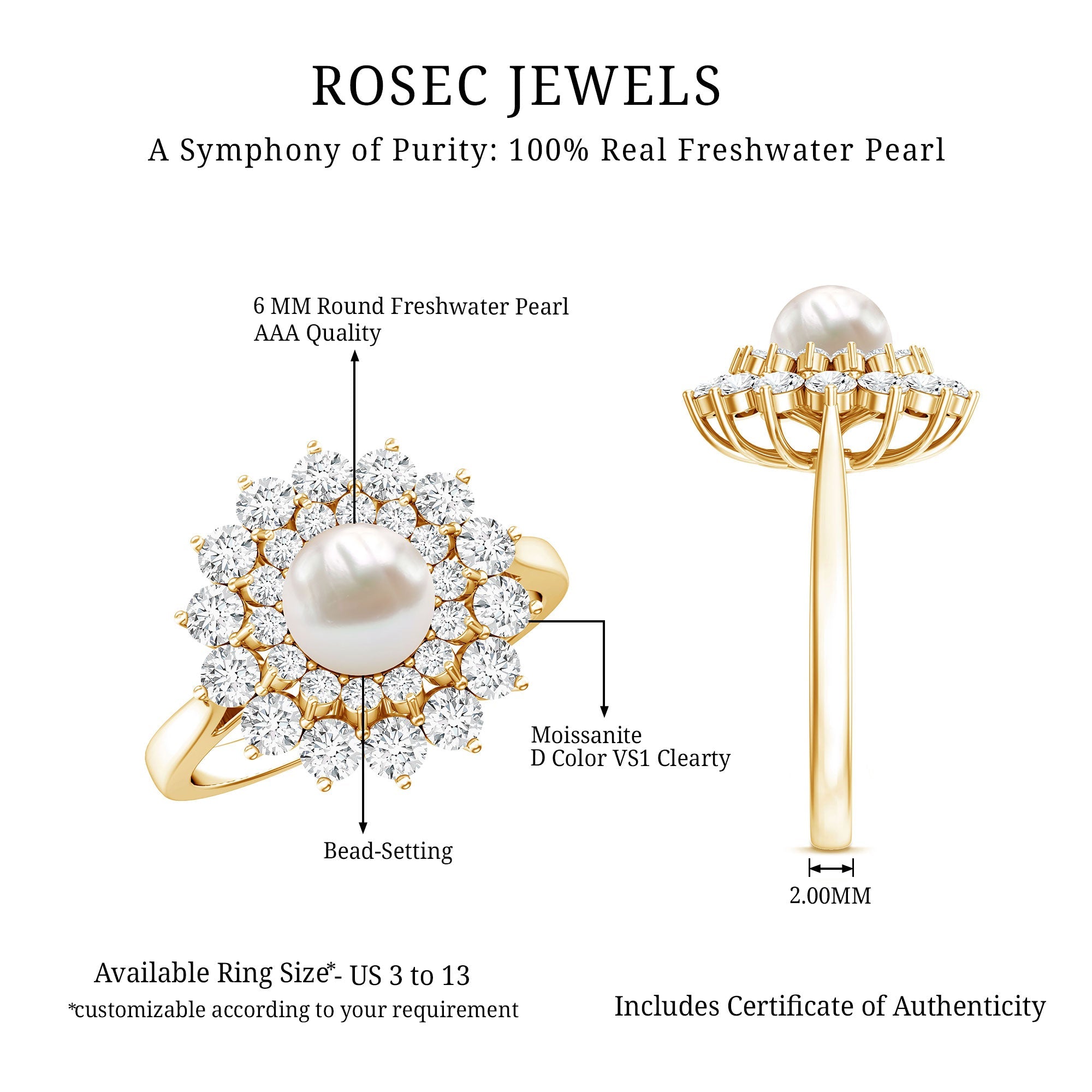 Certified Real Freshwater Pearl Flower Engagement Ring with Moissanite