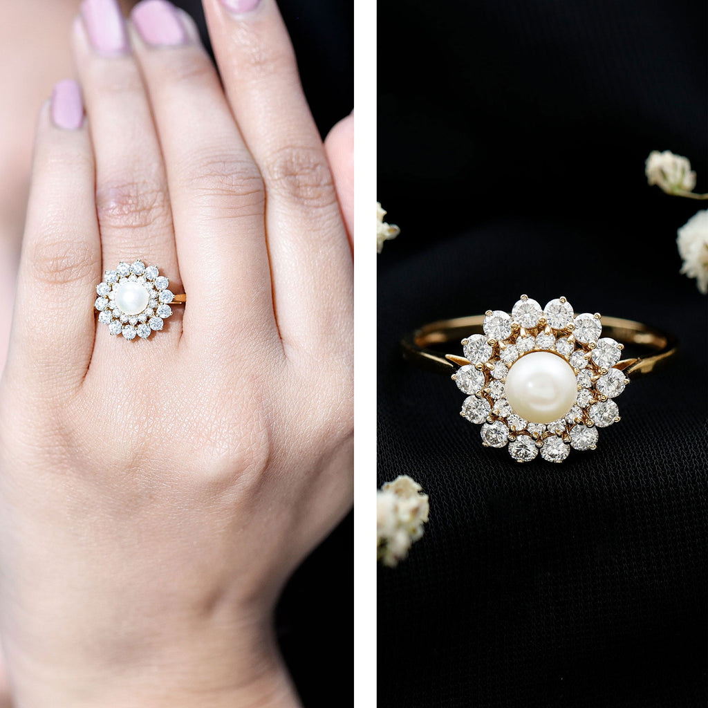 Certified Real Freshwater Pearl Flower Engagement Ring with Moissanite