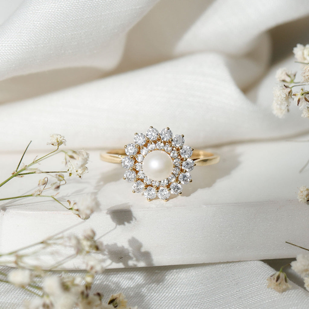 Certified Real Freshwater Pearl Flower Engagement Ring with Moissanite