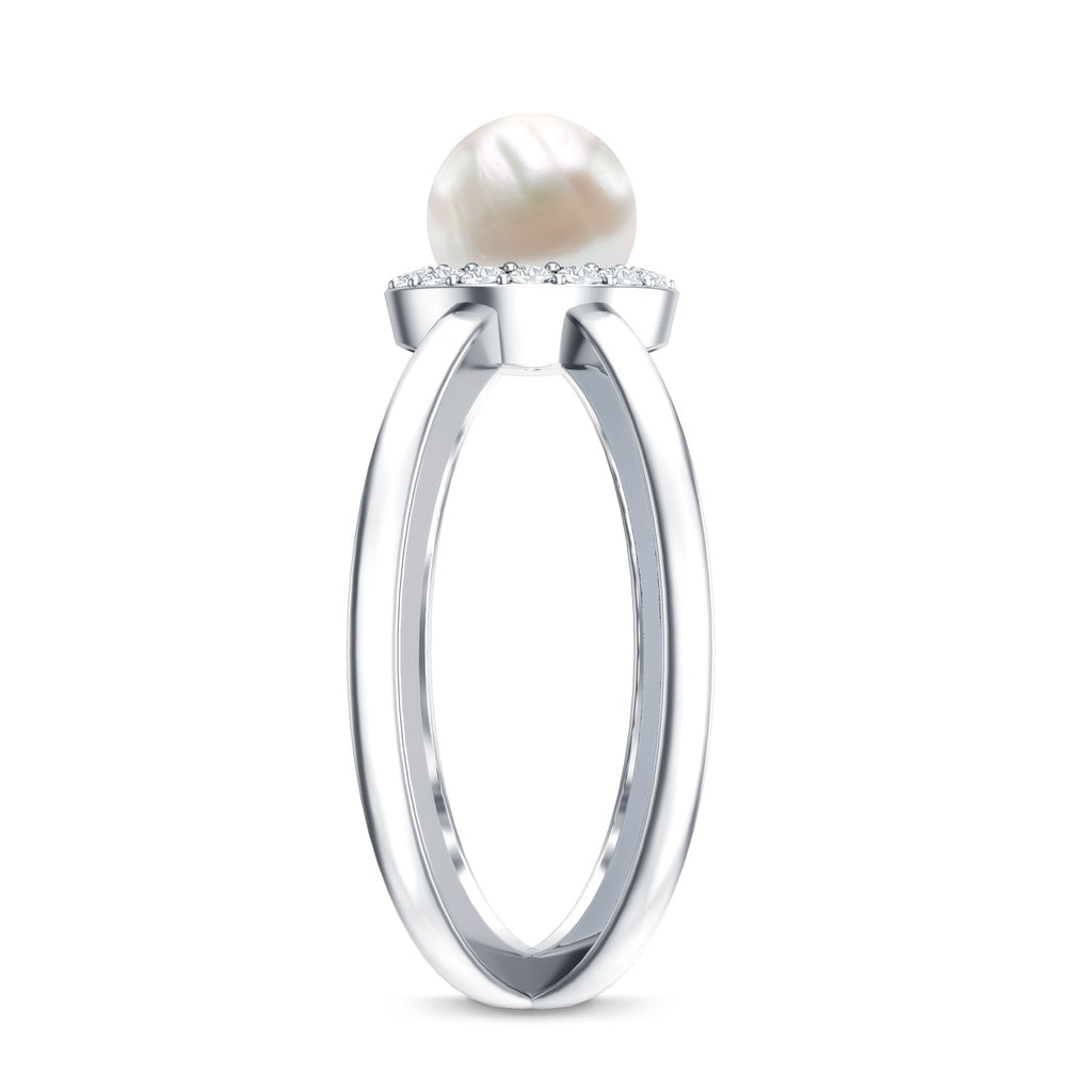 Real 2 Carat Freshwater Pearl Diamond Halo Engagement Ring with Criss Cross Shank