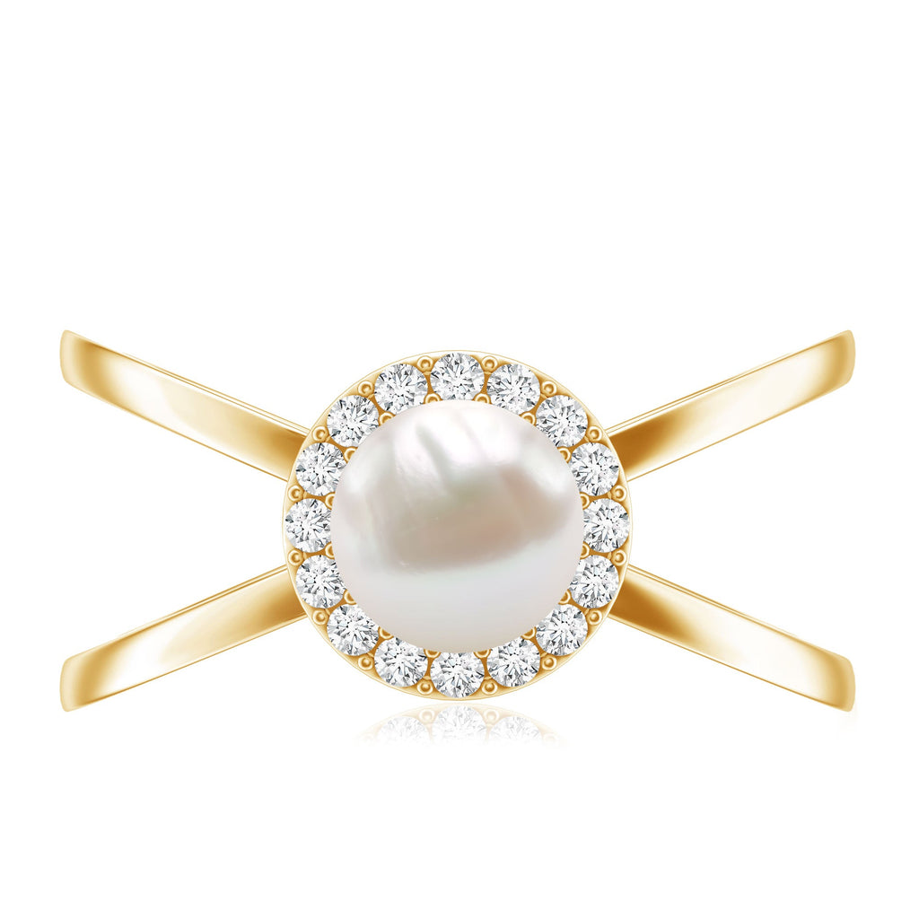 Real 2 Carat Freshwater Pearl Diamond Halo Engagement Ring with Criss Cross Shank