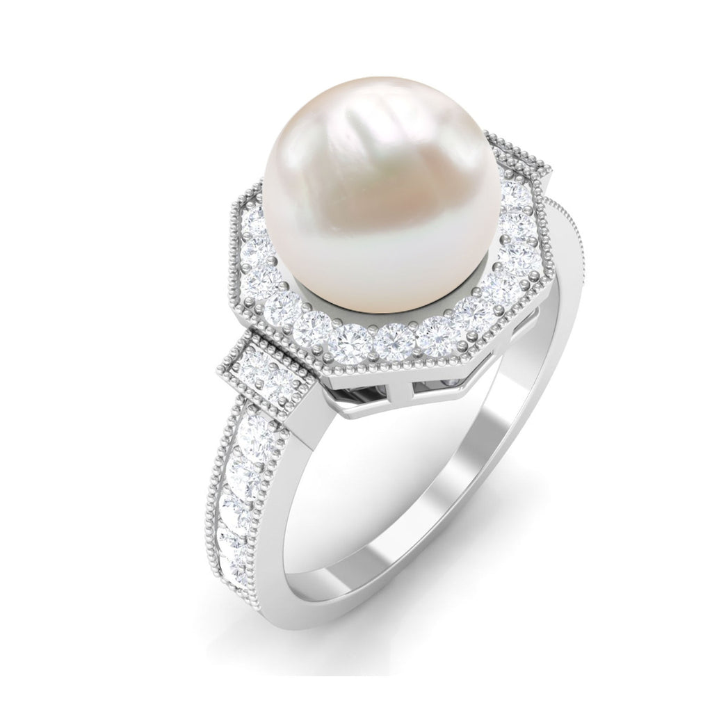 Art Deco Inspired 2.2 Carat Freshwater Pearl Engagement Ring with Diamond Halo