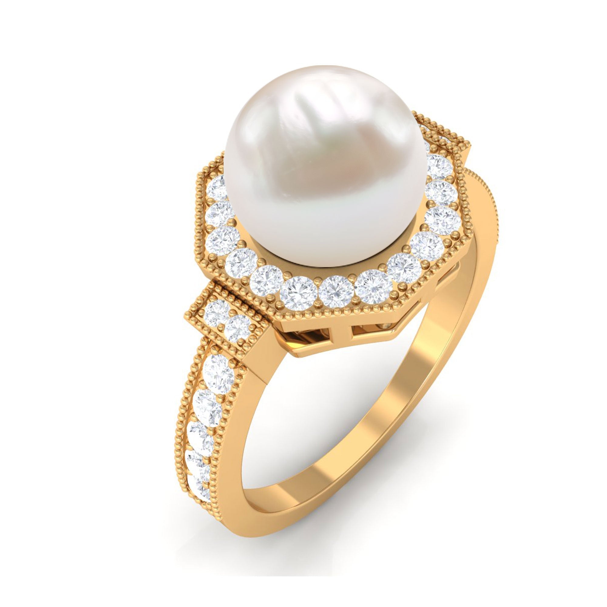 Art Deco Inspired 2.2 Carat Freshwater Pearl Engagement Ring with Diamond Halo