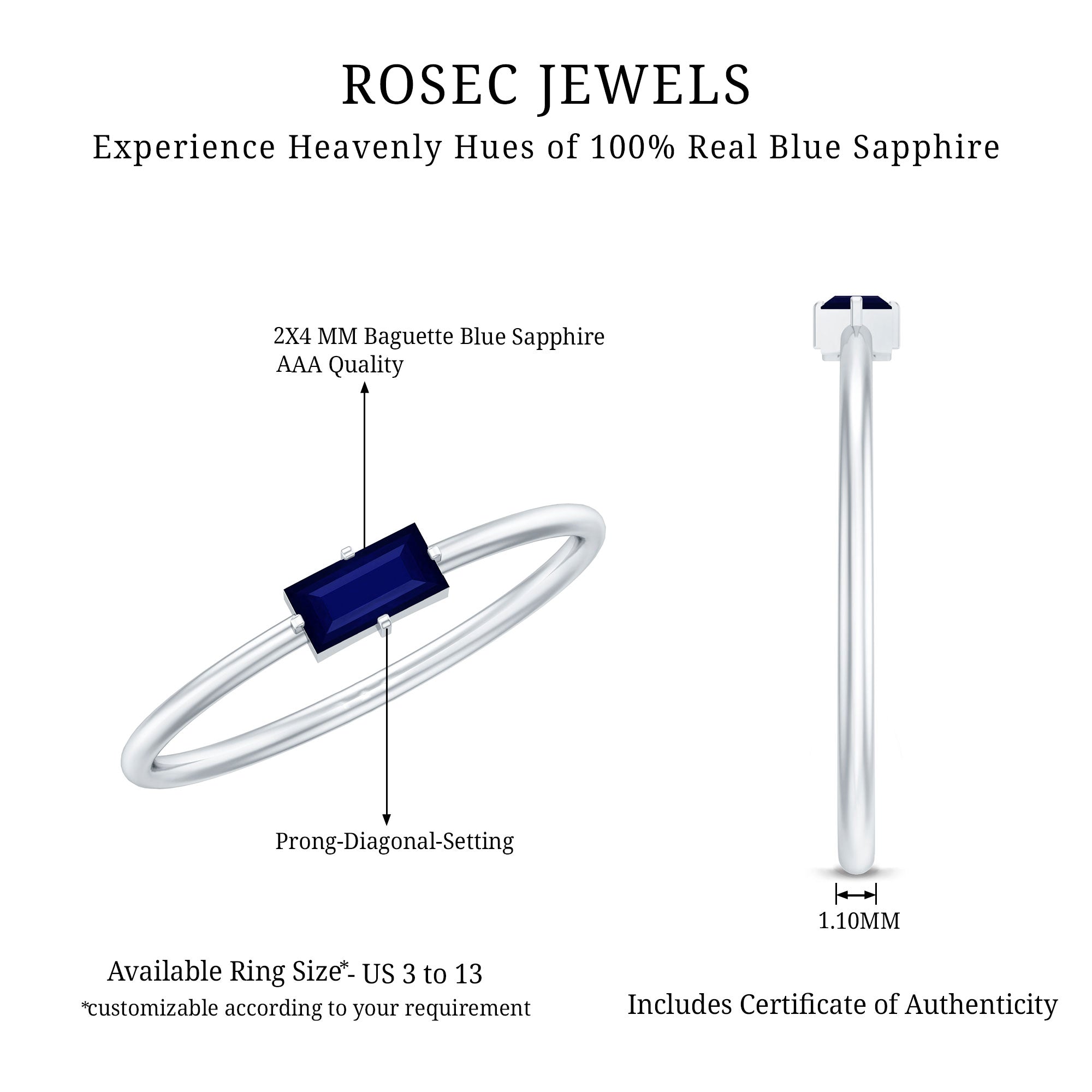 Natural Baguette Blue Sapphire Promise Ring for Women