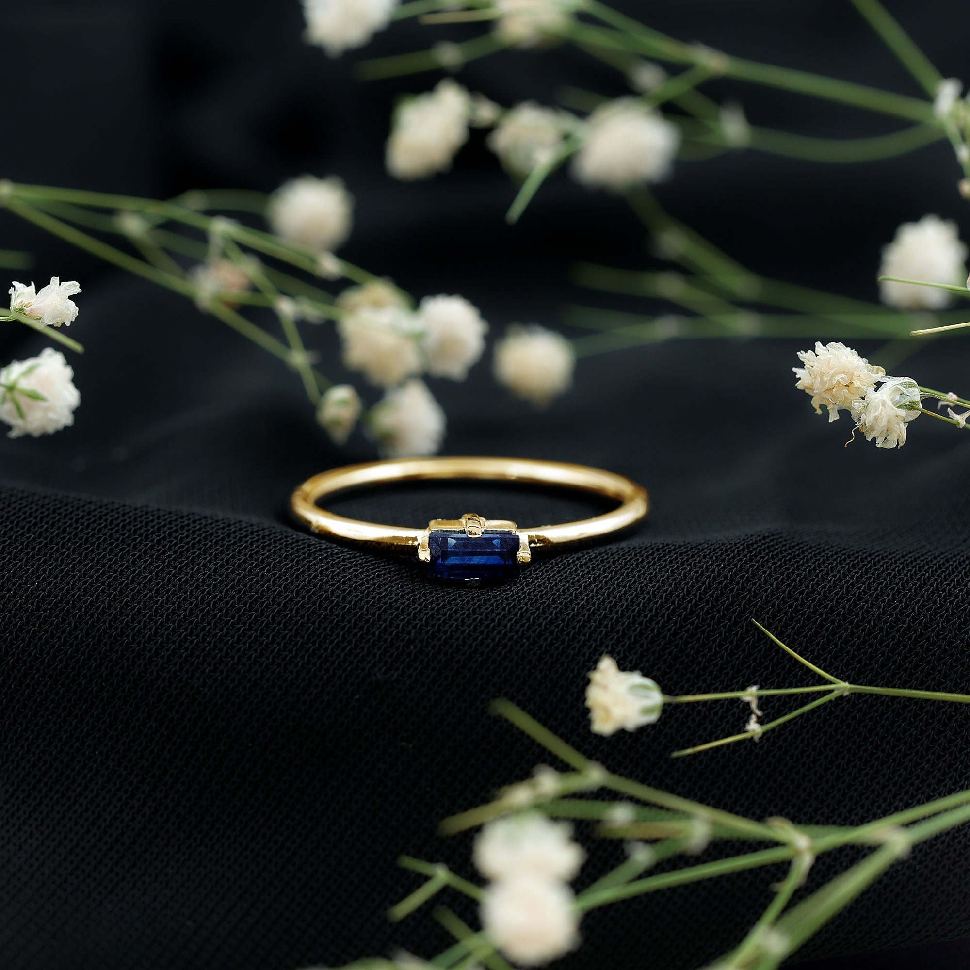 Natural Baguette Blue Sapphire Promise Ring for Women