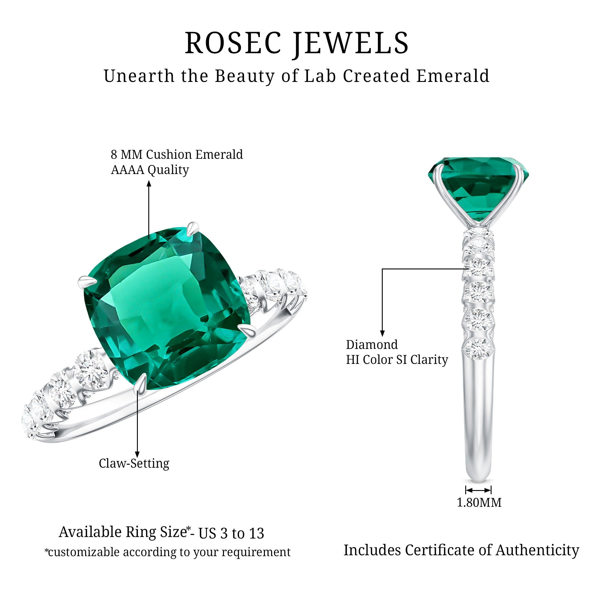 Certified Lab Grown Emerald Cushion Cut Engagement Ring with Diamond Side Stones