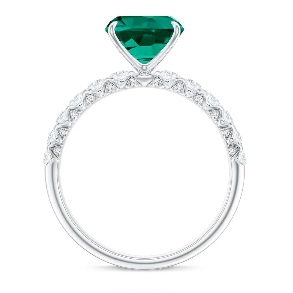 Certified Lab Grown Emerald Cushion Cut Engagement Ring with Diamond Side Stones