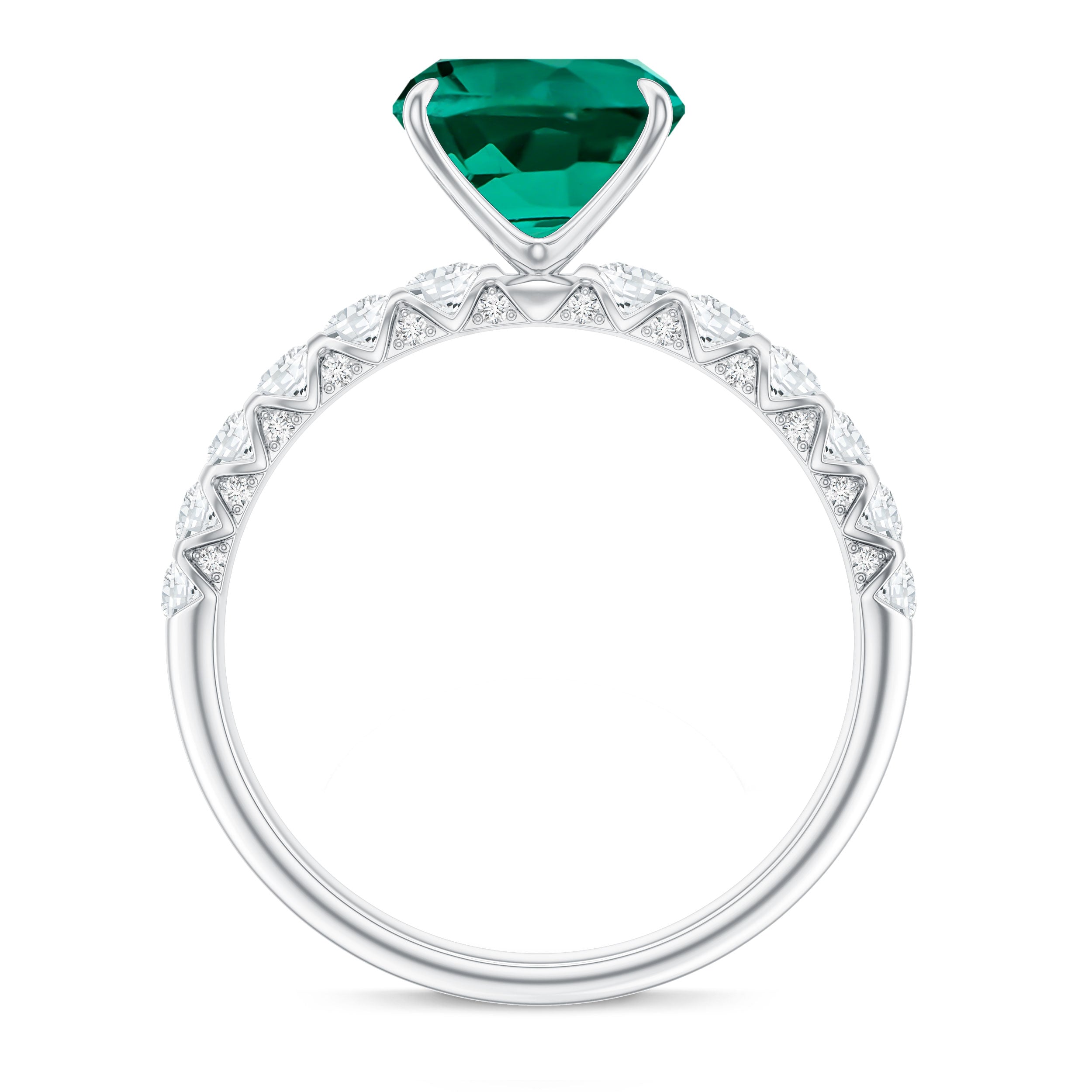Certified Lab Grown Emerald Cushion Cut Engagement Ring with Diamond Side Stones