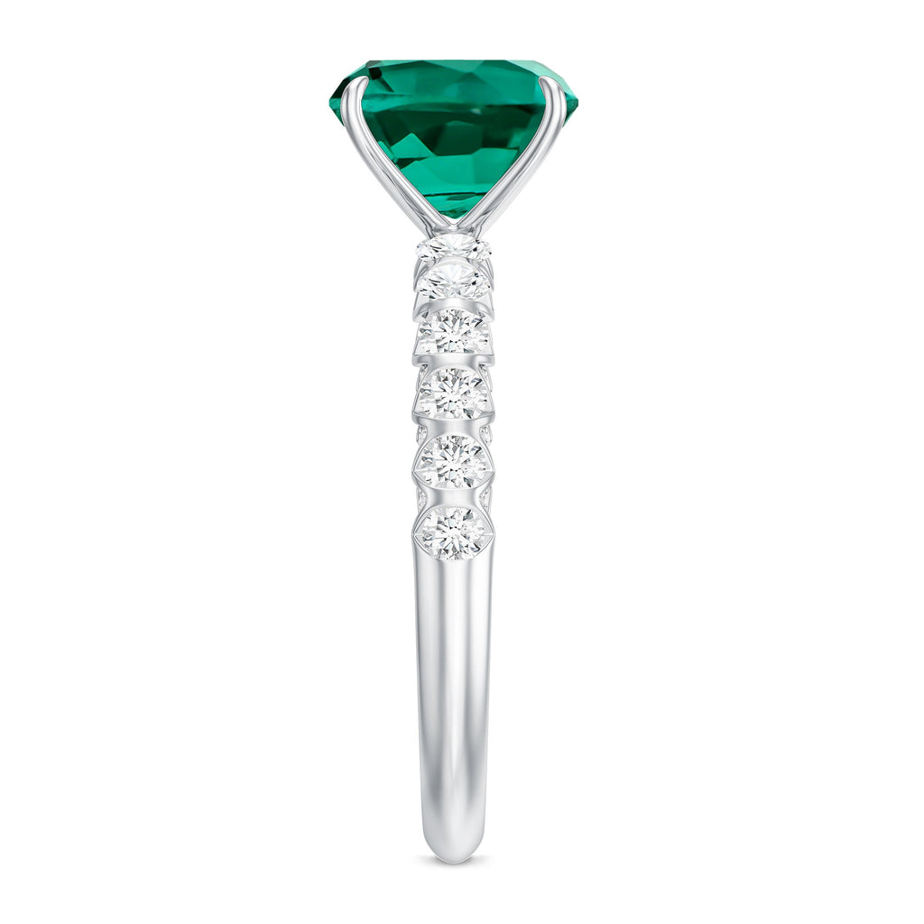 Certified Lab Grown Emerald Cushion Cut Engagement Ring with Diamond Side Stones