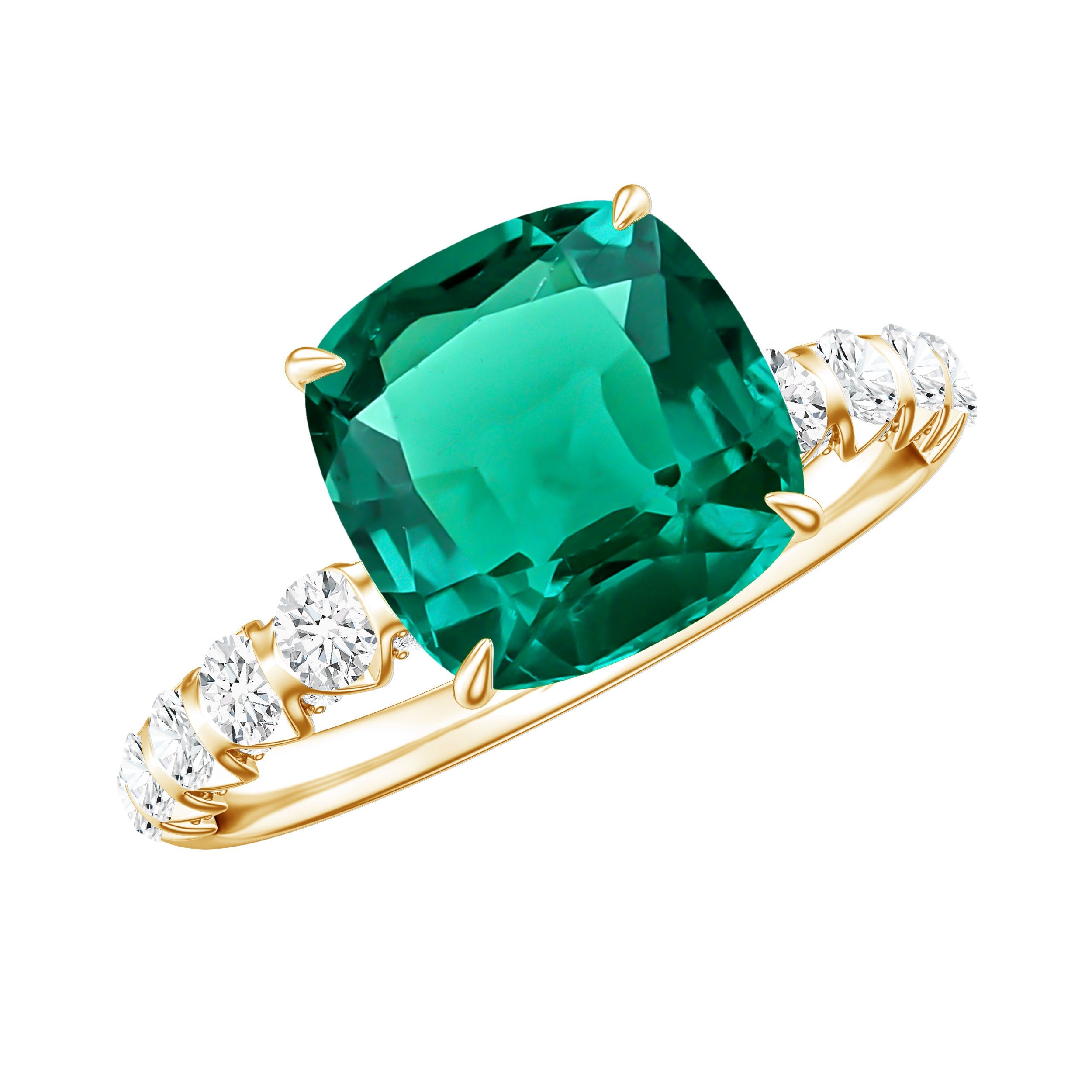 Certified Lab Grown Emerald Cushion Cut Engagement Ring with Diamond Side Stones