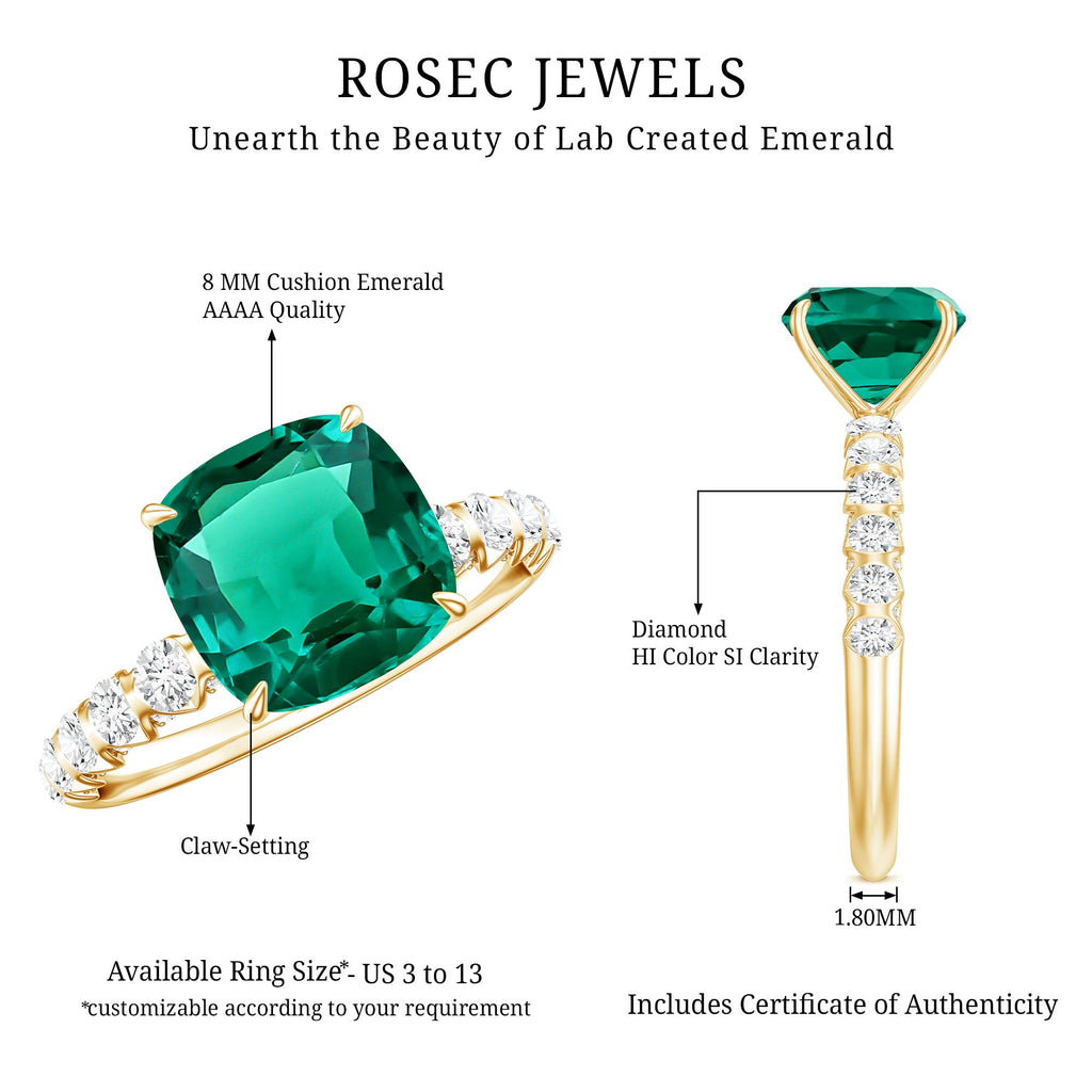 Certified Lab Grown Emerald Cushion Cut Engagement Ring with Diamond Side Stones