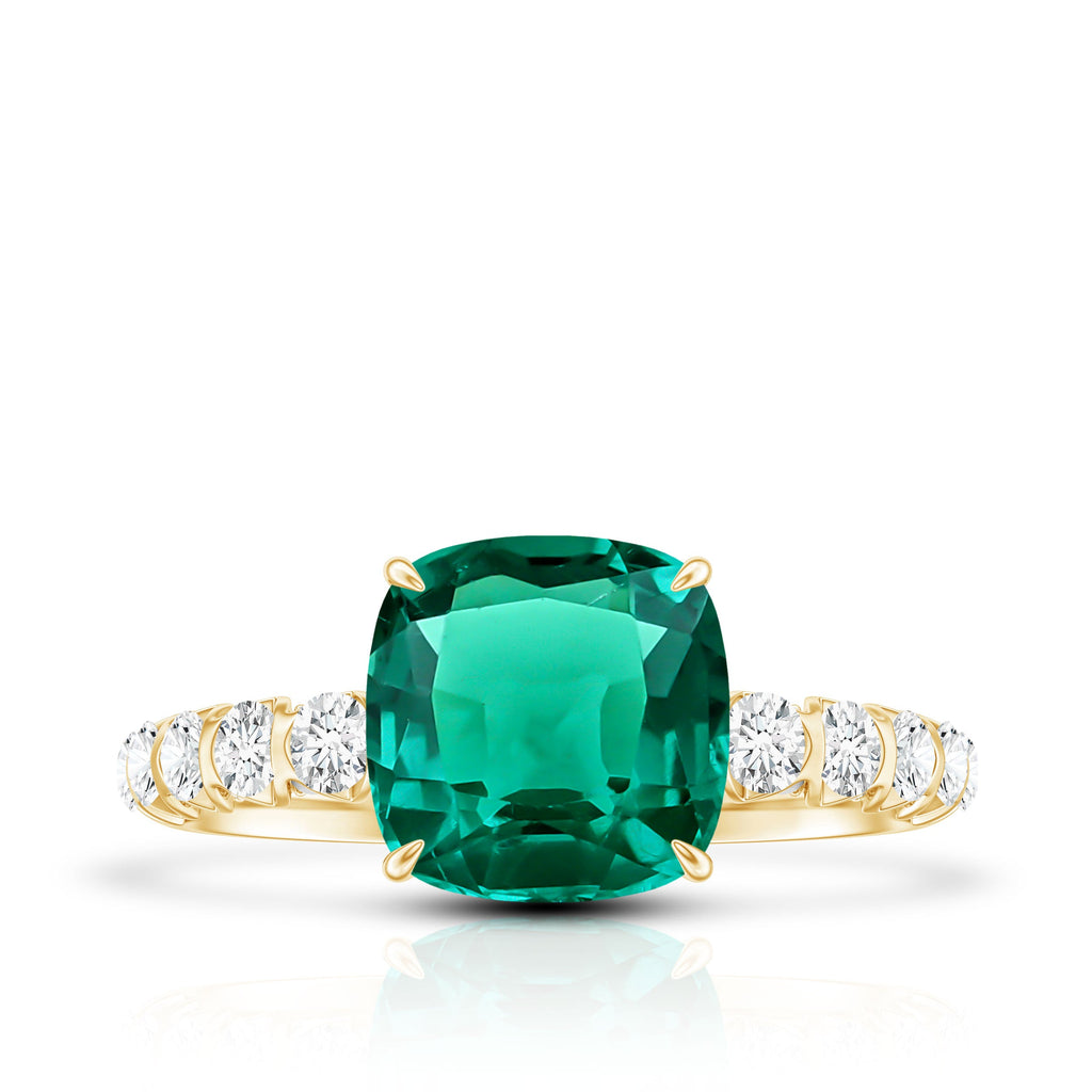 Certified Lab Grown Emerald Cushion Cut Engagement Ring with Diamond Side Stones