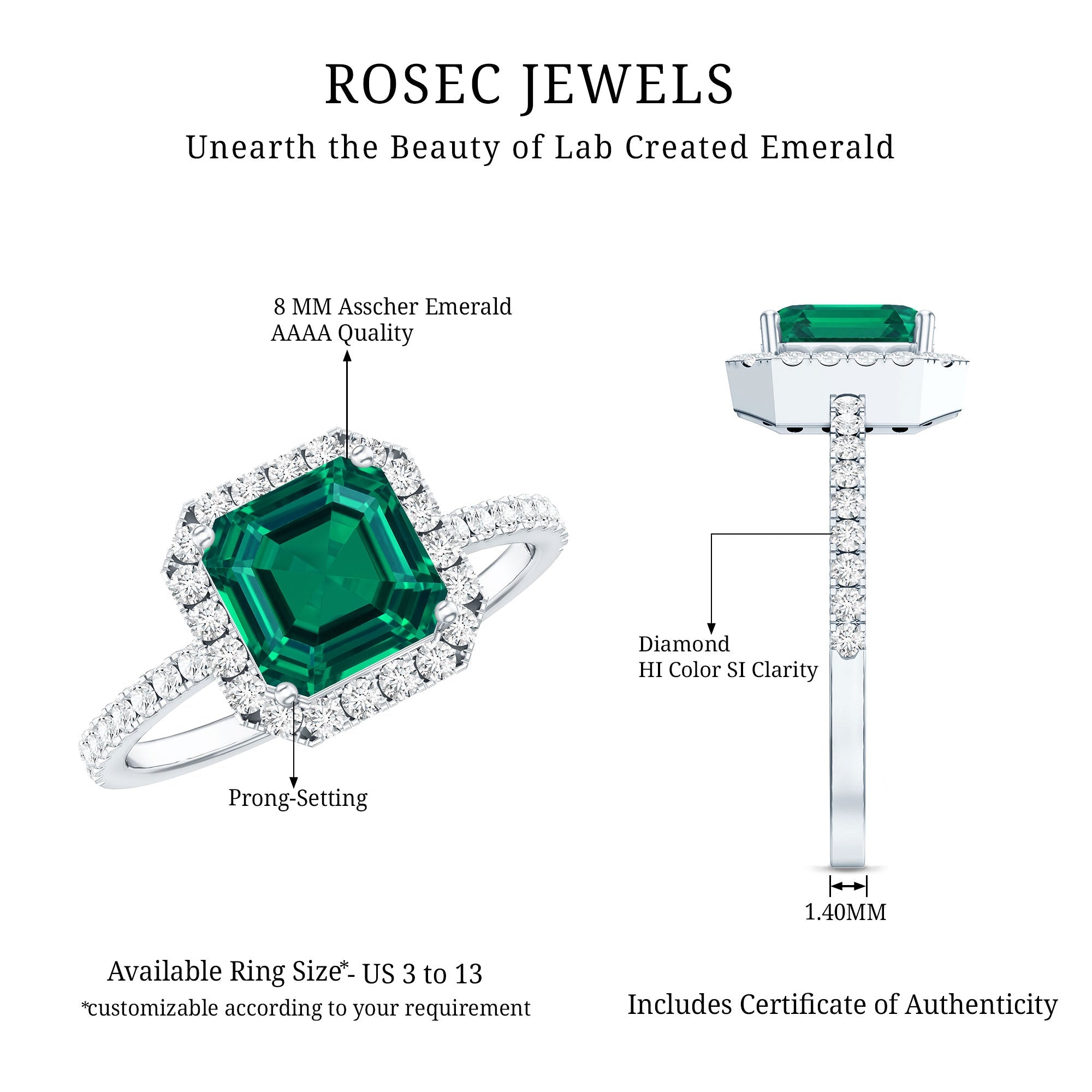 AAAA Quality Lab Created Emerald Asscher Cut Engagement Ring with Diamond