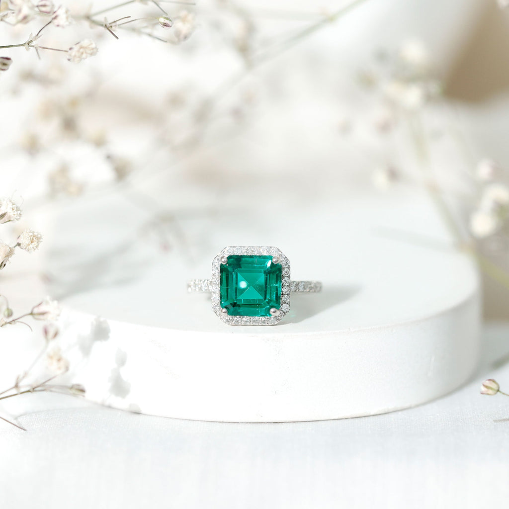 AAAA Quality Lab Created Emerald Asscher Cut Engagement Ring with Diamond