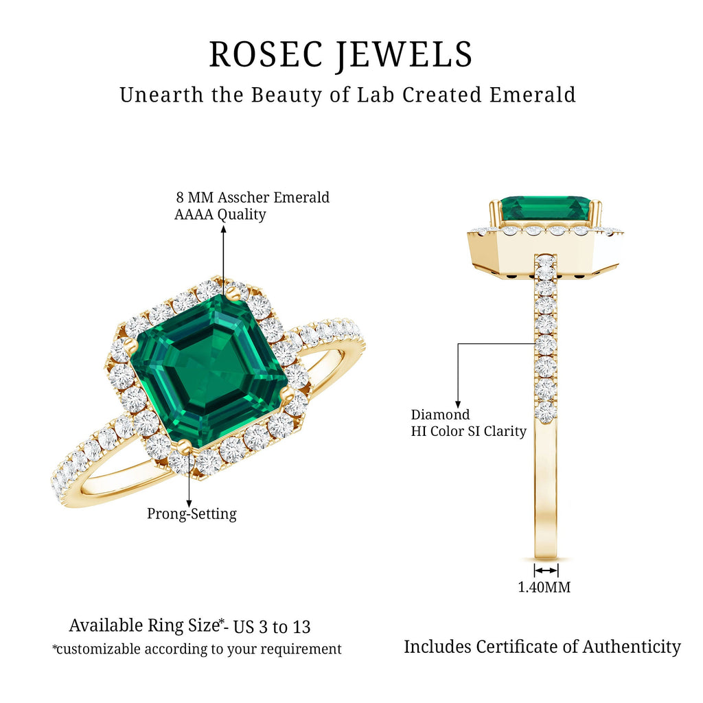 AAAA Quality Lab Created Emerald Asscher Cut Engagement Ring with Diamond